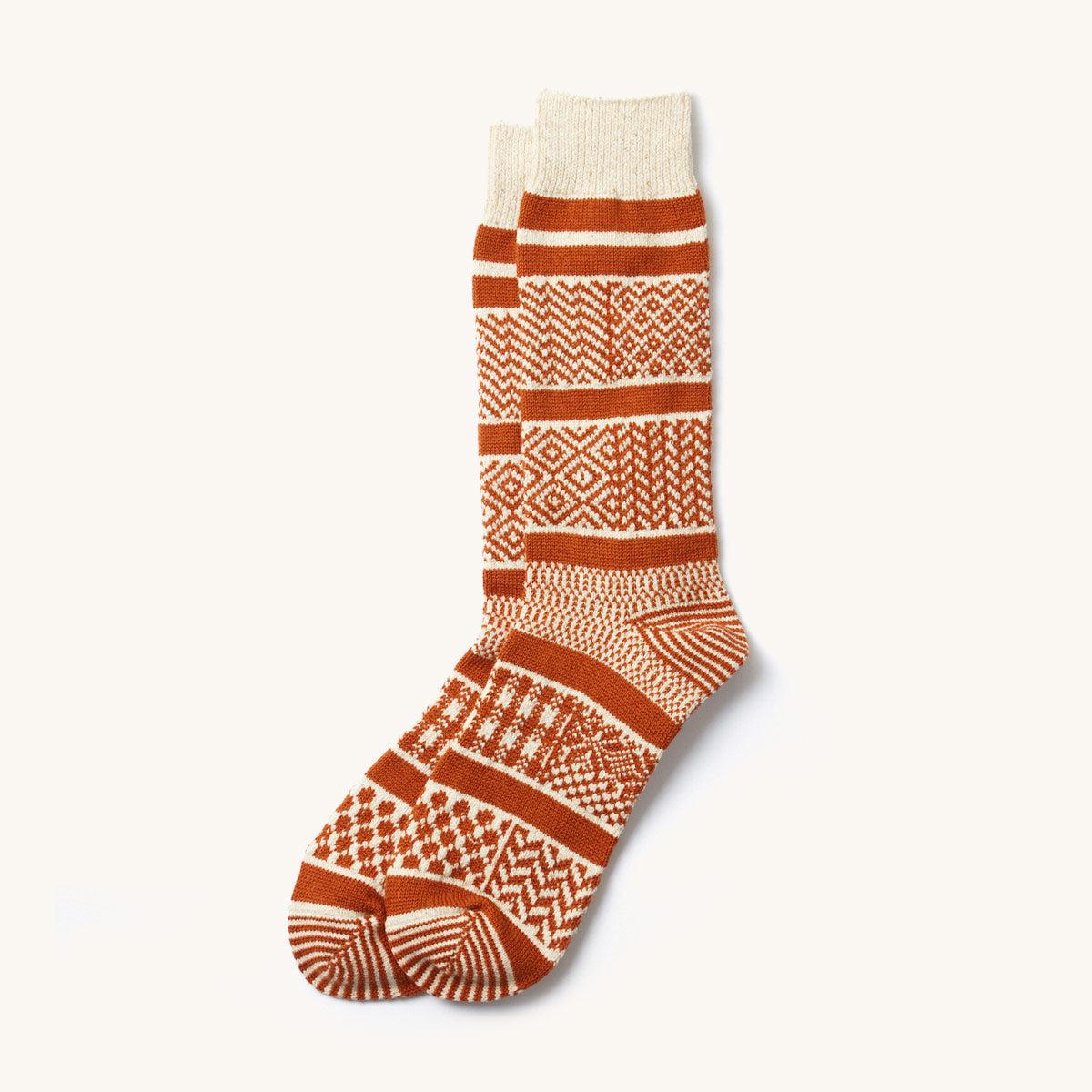 MULTI JACQUARD CREW SOCKS - IVORY/RUST