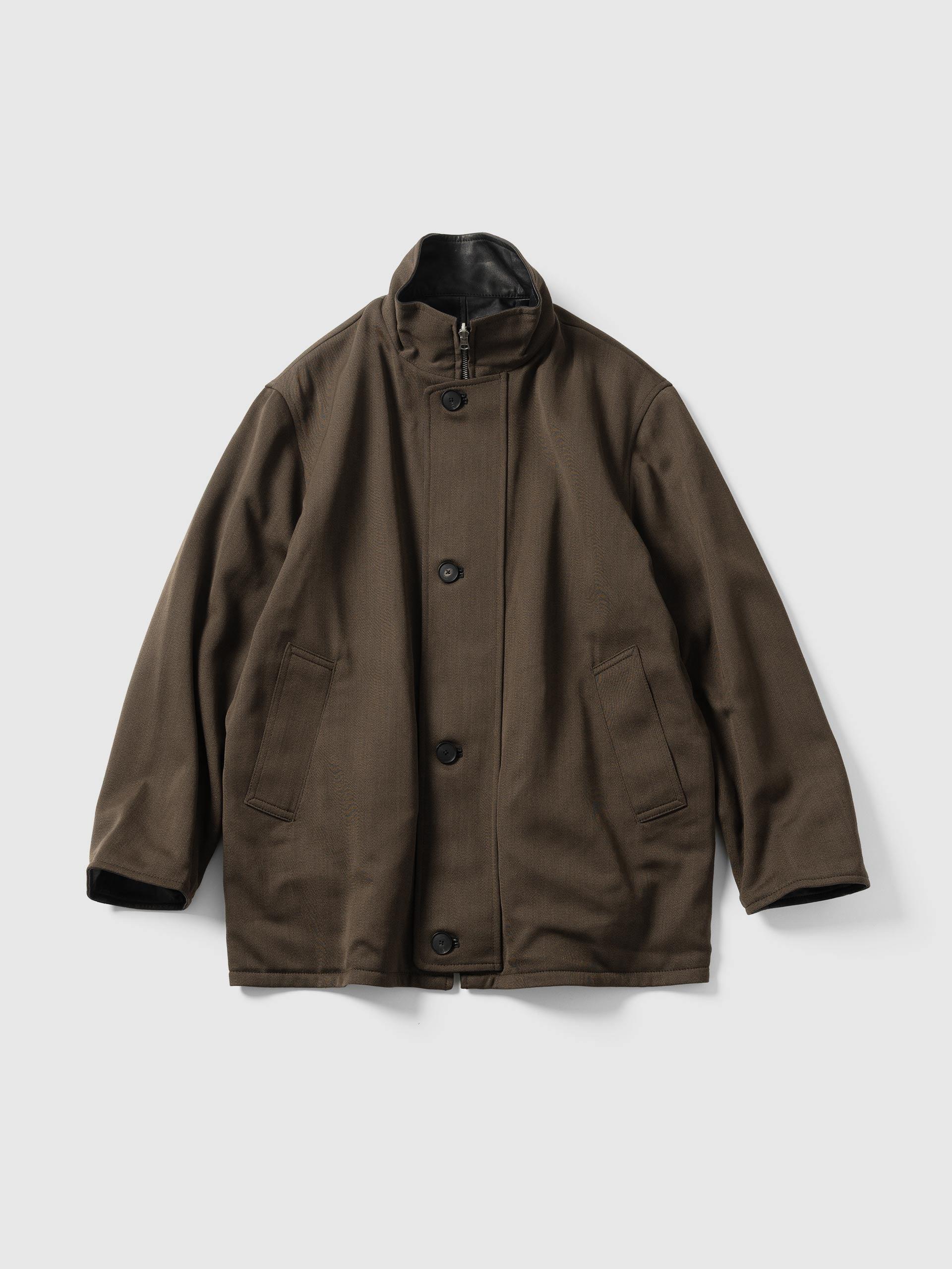Reversible Wool Twisted Twill / Lamb Leather Half Coat Brown Chambray x Black