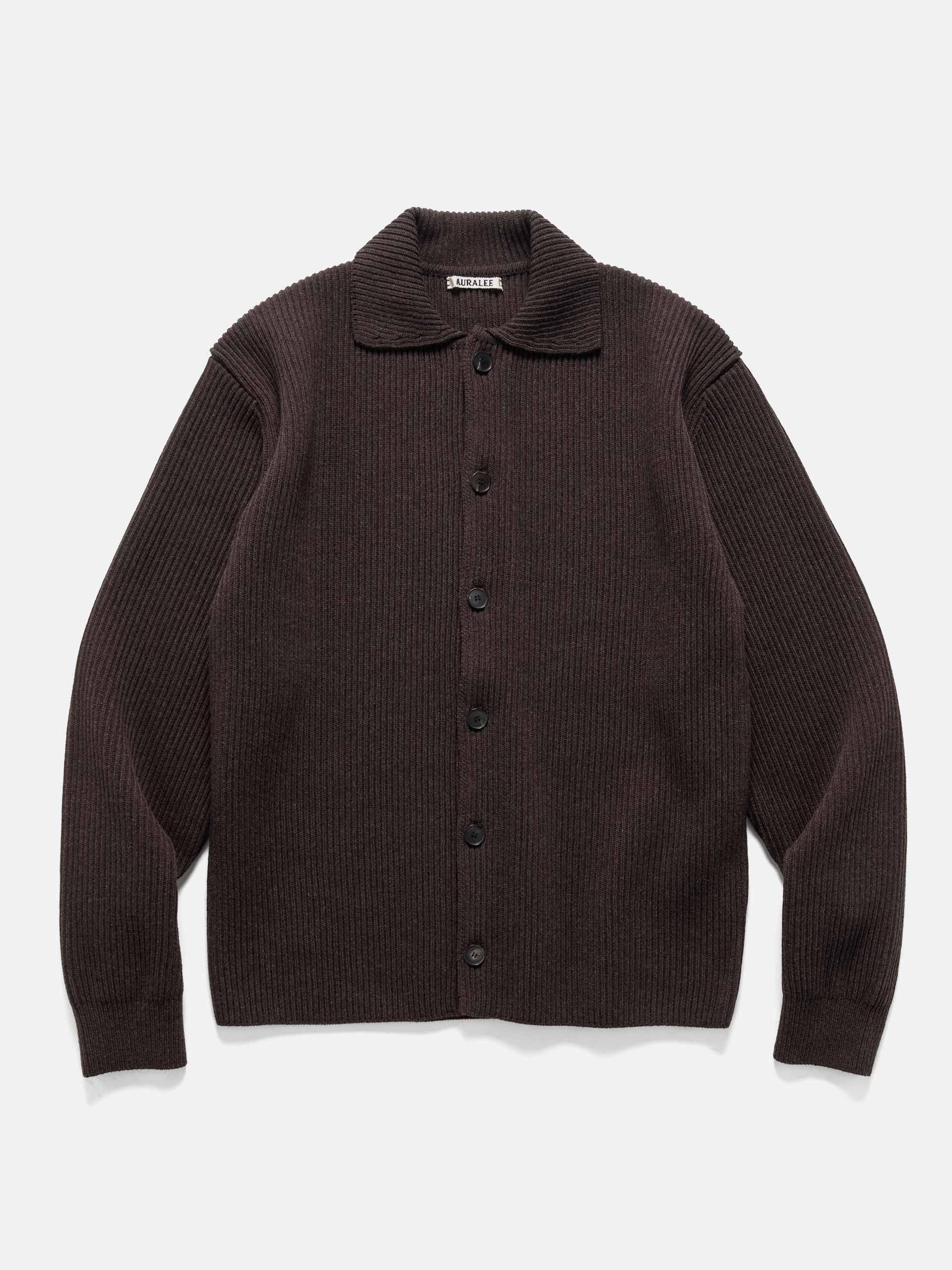 Super Fine Wool Rib Knit Shirt Cardigan Top Brown