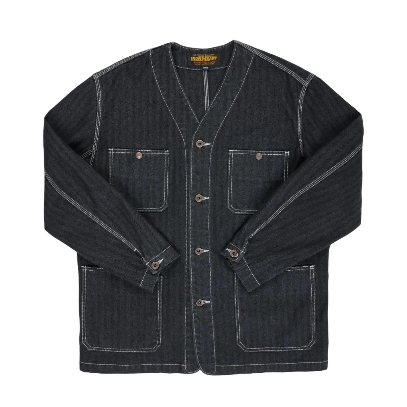 IHJ-158-BLK 10.5oz Herringbone Collarless Chore Jacket Black Overdyed Black