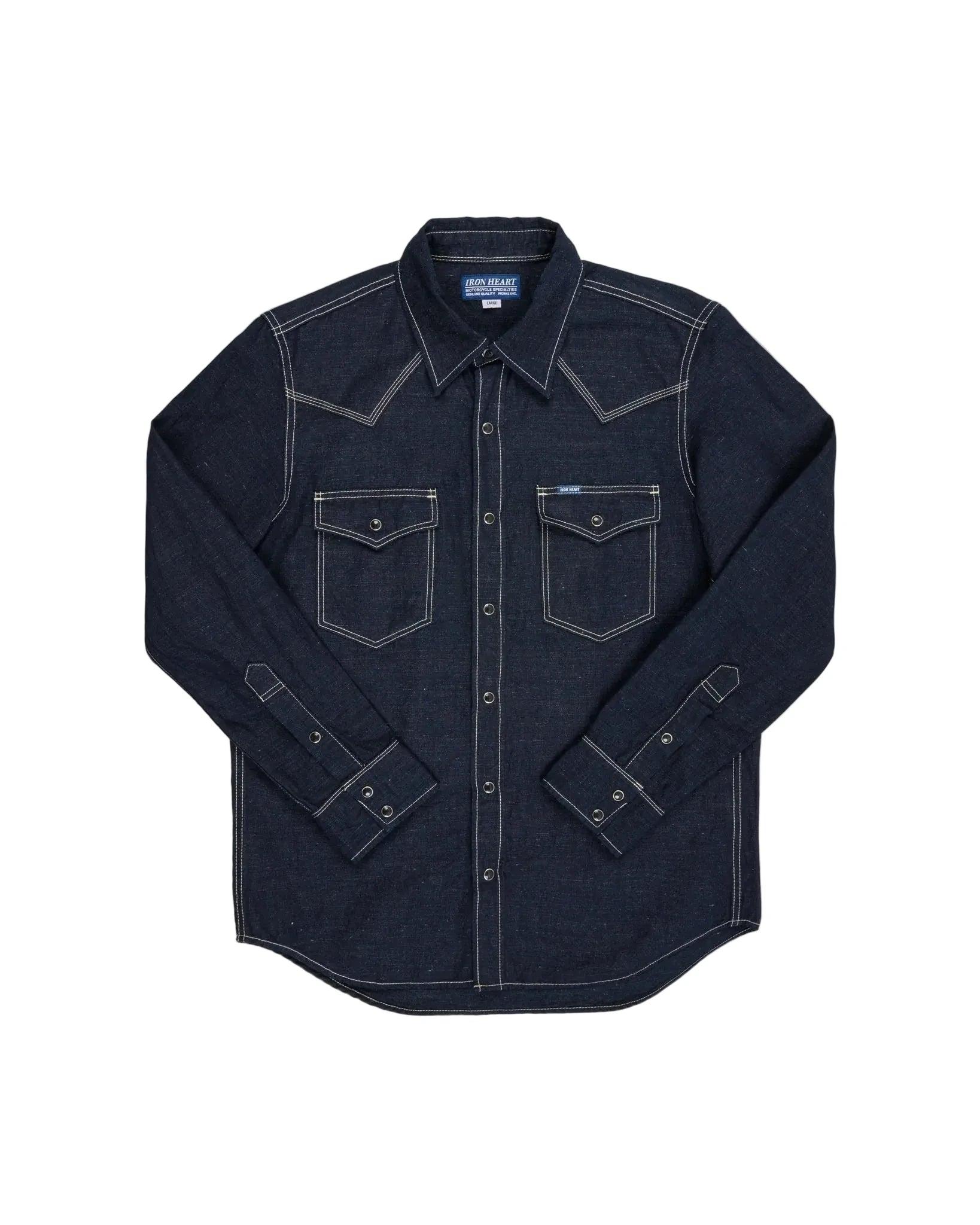 IHSH-444-IND 7oz Cotton Linen Chambray Western Shirt - Indigo