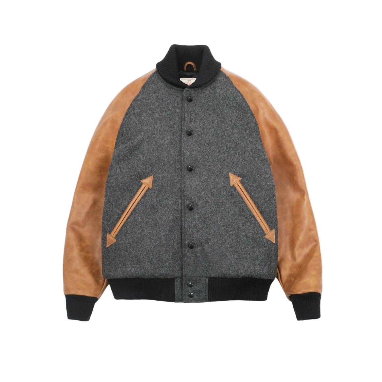 Raglan Varsity Jacket Granite Wool Rust Leather