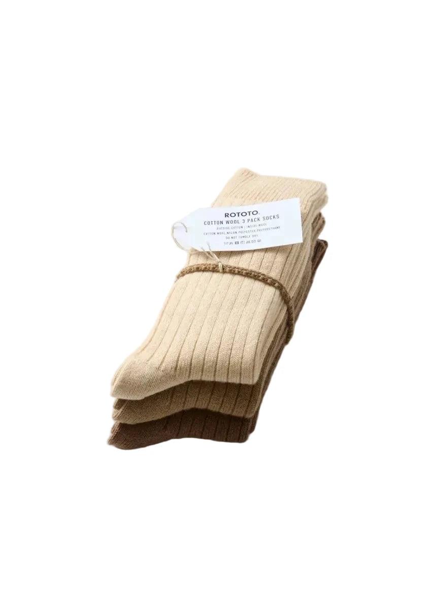 R1688 Cotton Wool Ribbed Crew 3 Pack Socks Beige Tones