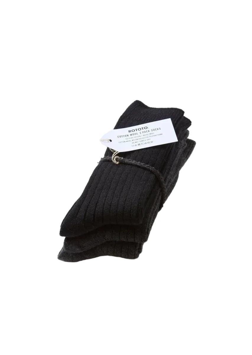 R1688 Cotton Wool Ribbed Crew 3 Pack Socks Black Tones