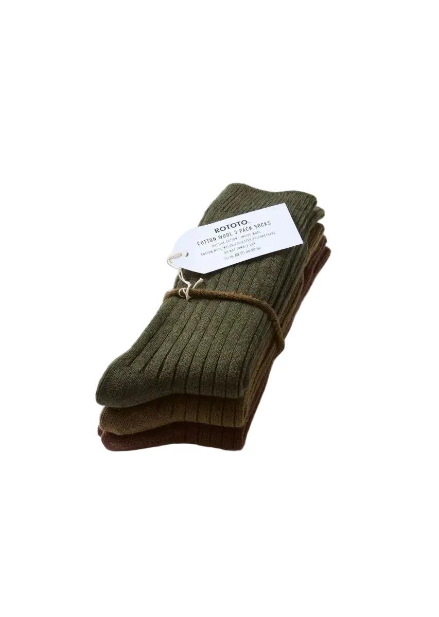 R1688 Cotton Wool Ribbed Crew 3 Pack Socks Olive Tones