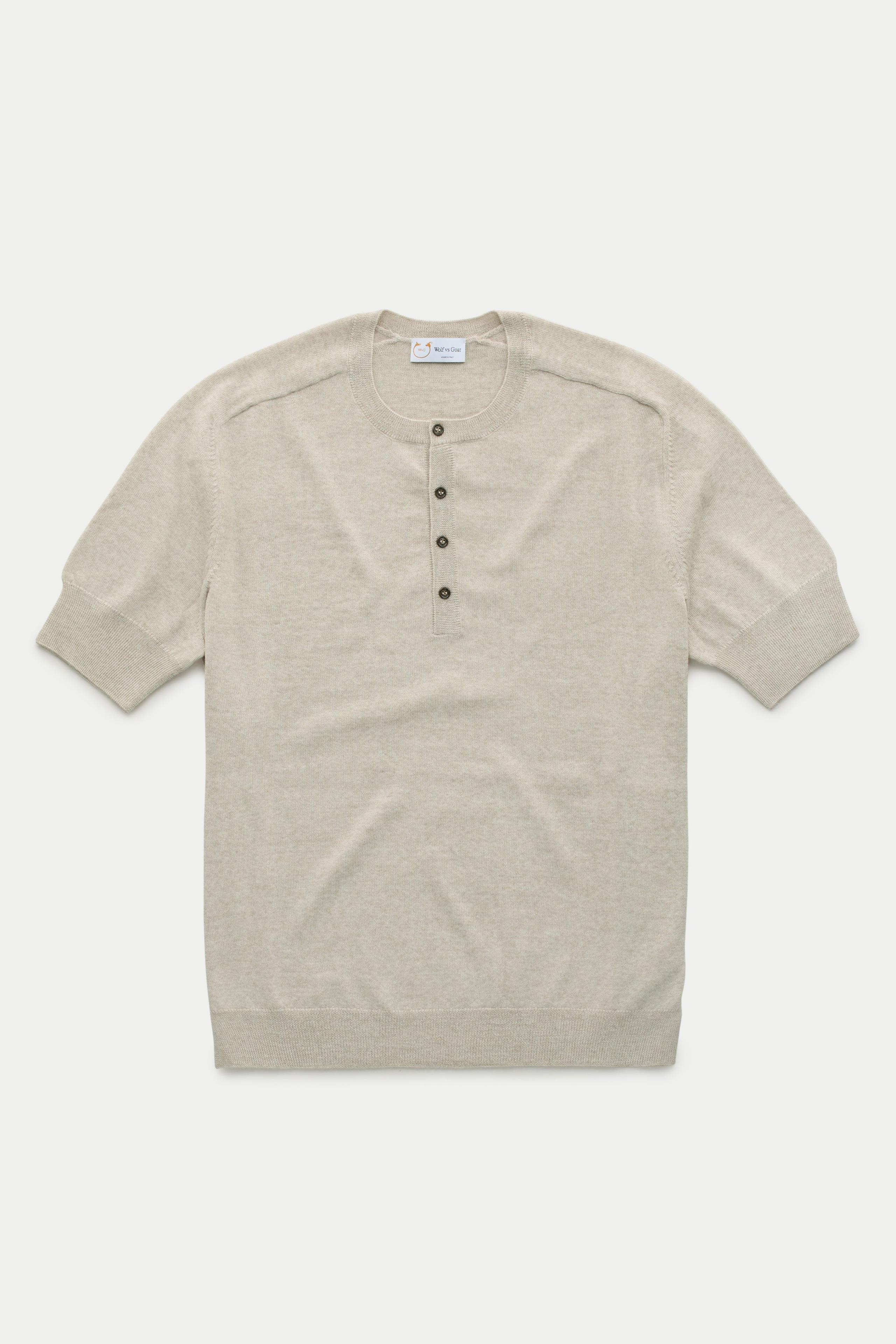 Short Sleeve Wool Knitted Henley Ecru