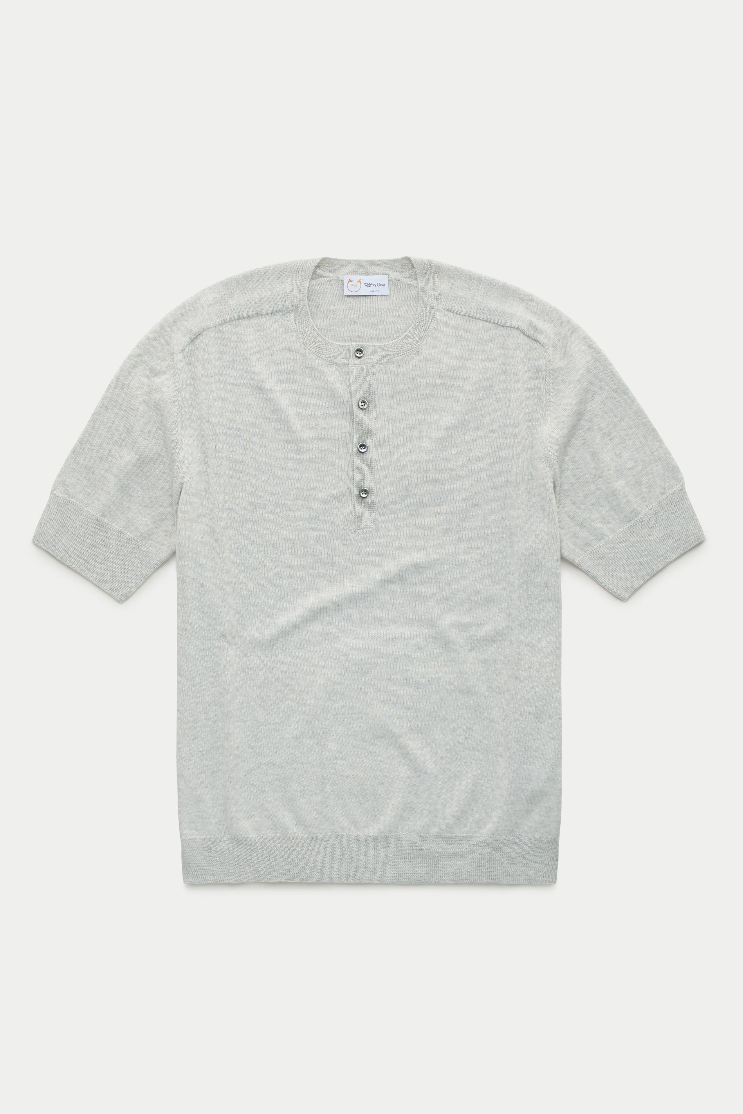 Short Sleeve Wool Knitted Henley Light Grey
