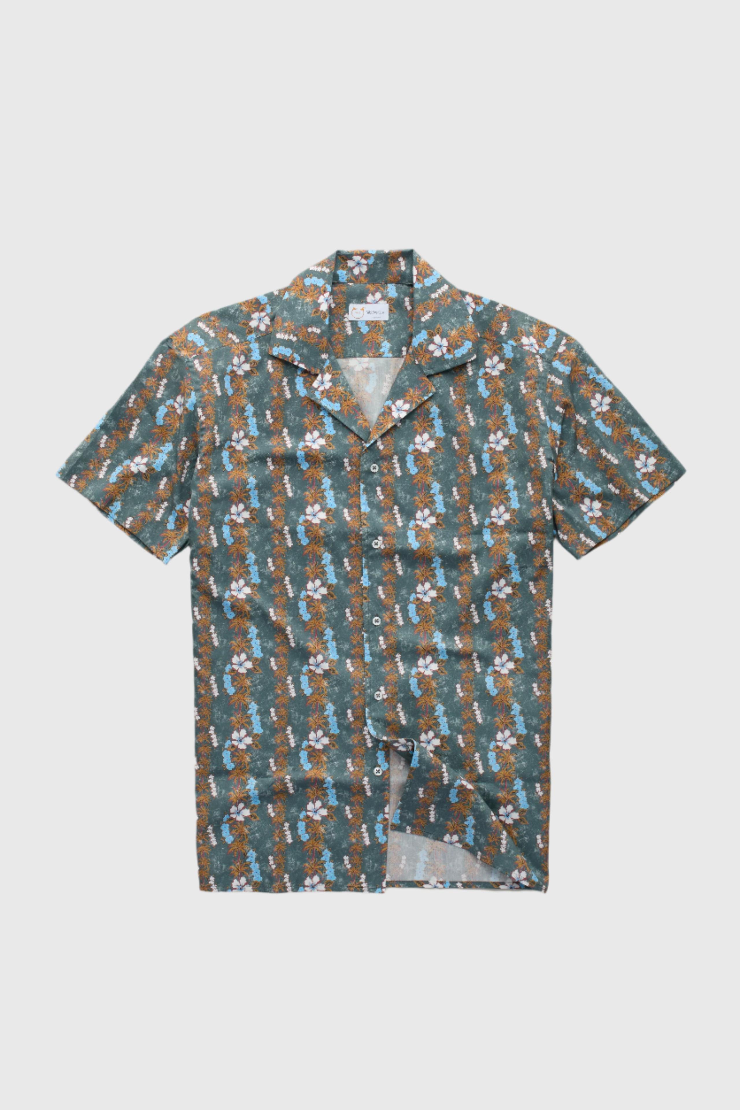 Silk Bowling Shirt White and Blue Hibiscus