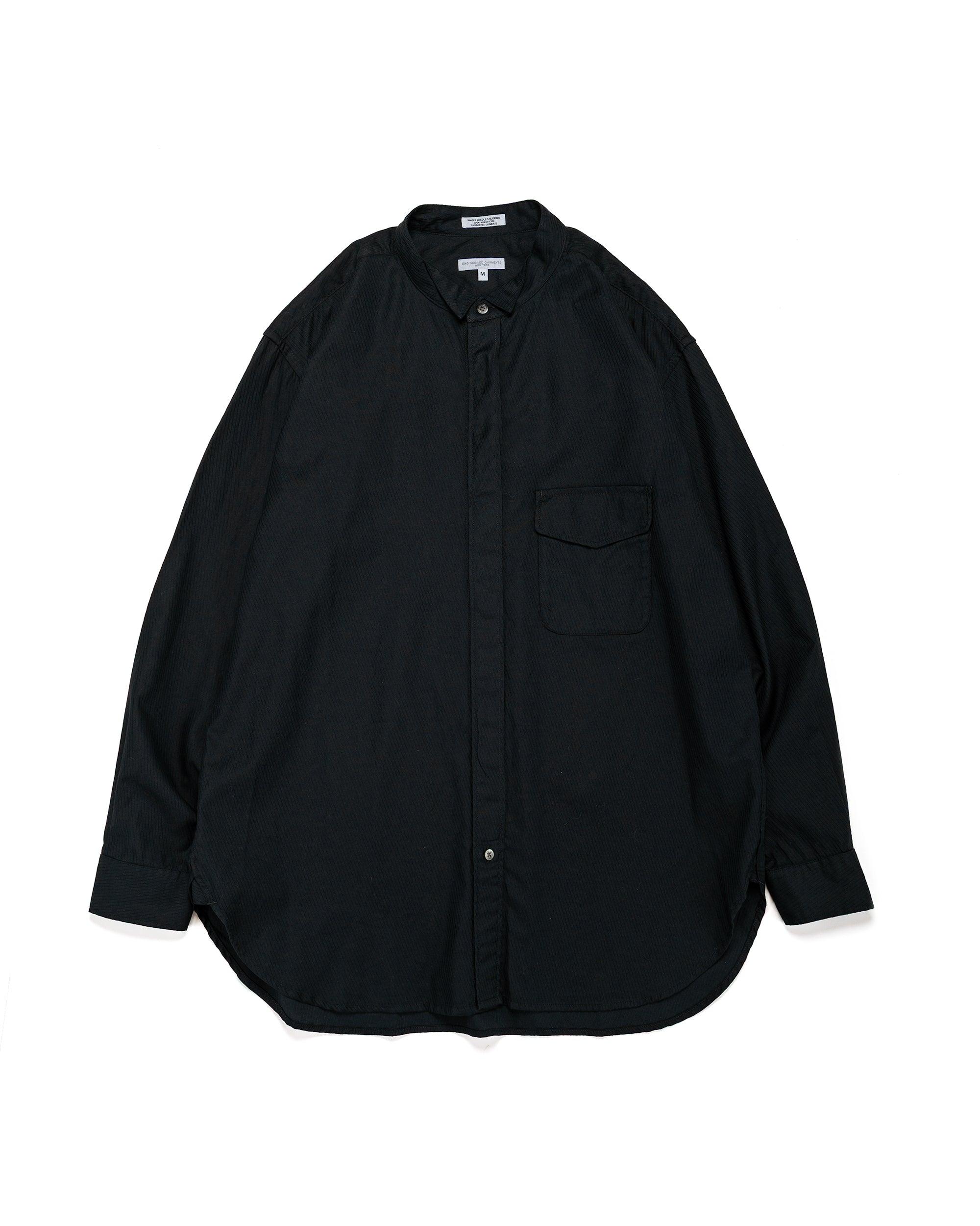 Wing Collar Shirt Black Cotton Diagonal Dobby Stripe