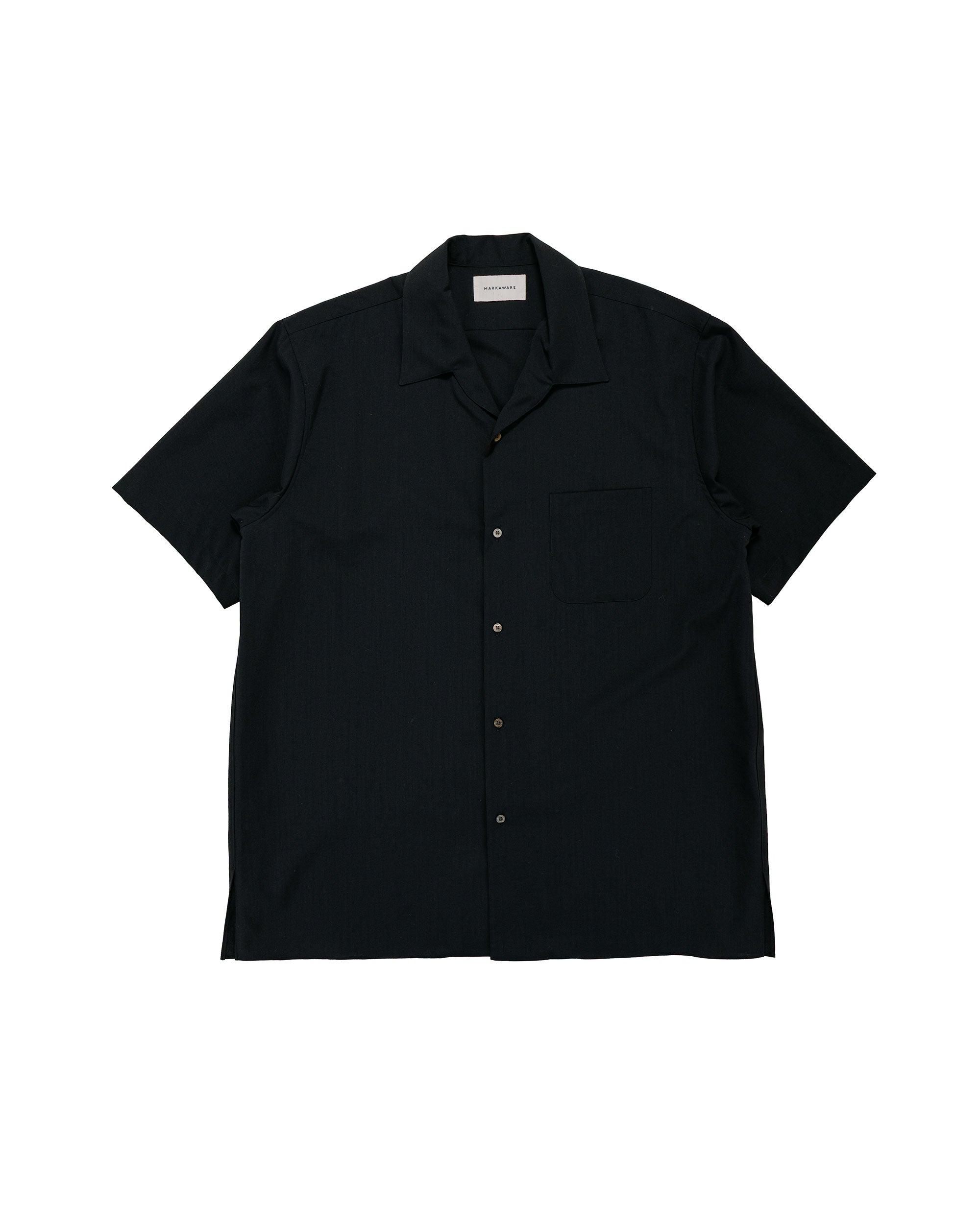 Italian Open Collar S/S Shirt Organic Wool 2/80 Tropical Black