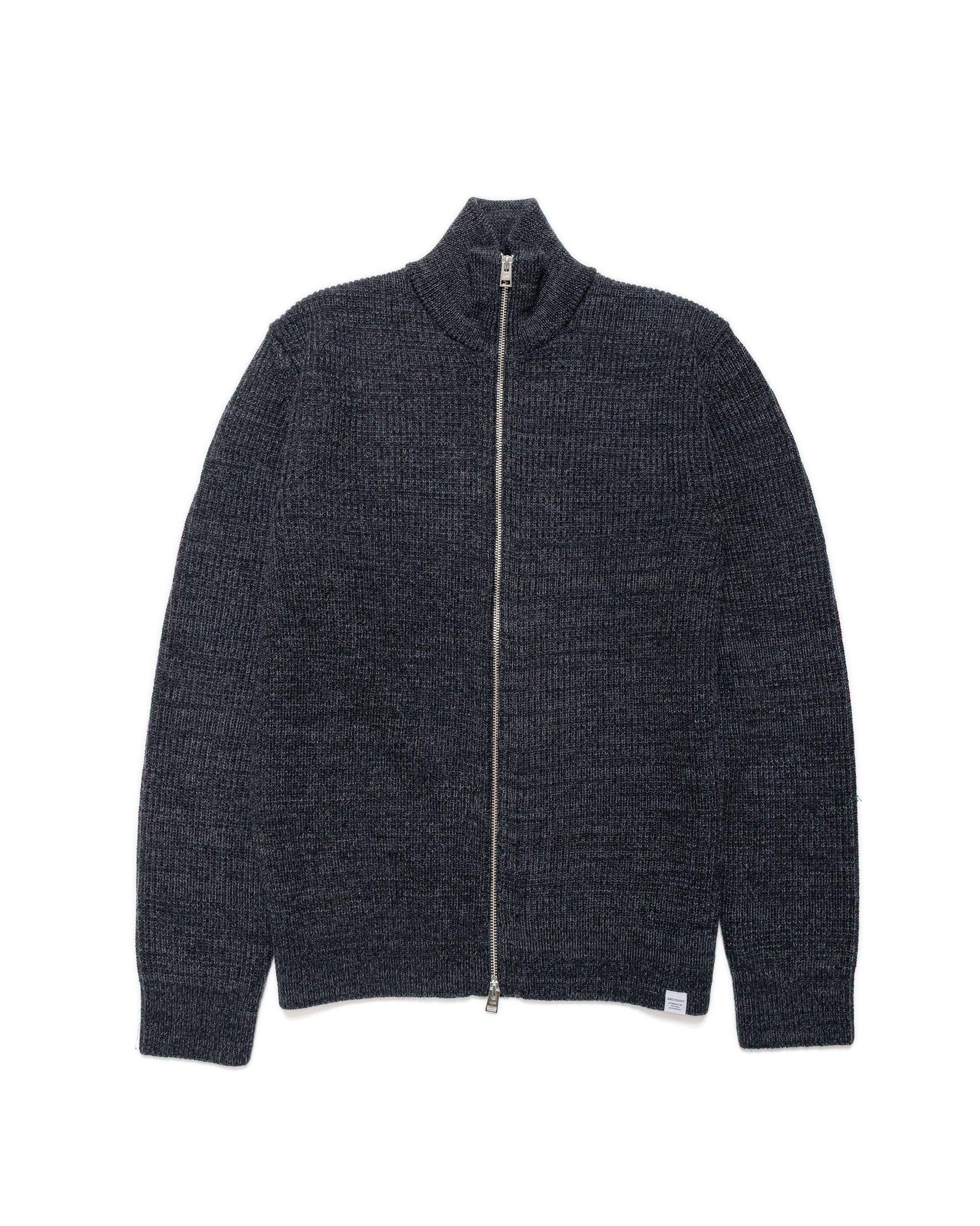 Hagen Wool Cotton Rib Full Zip Jacket Dark Grey Melange