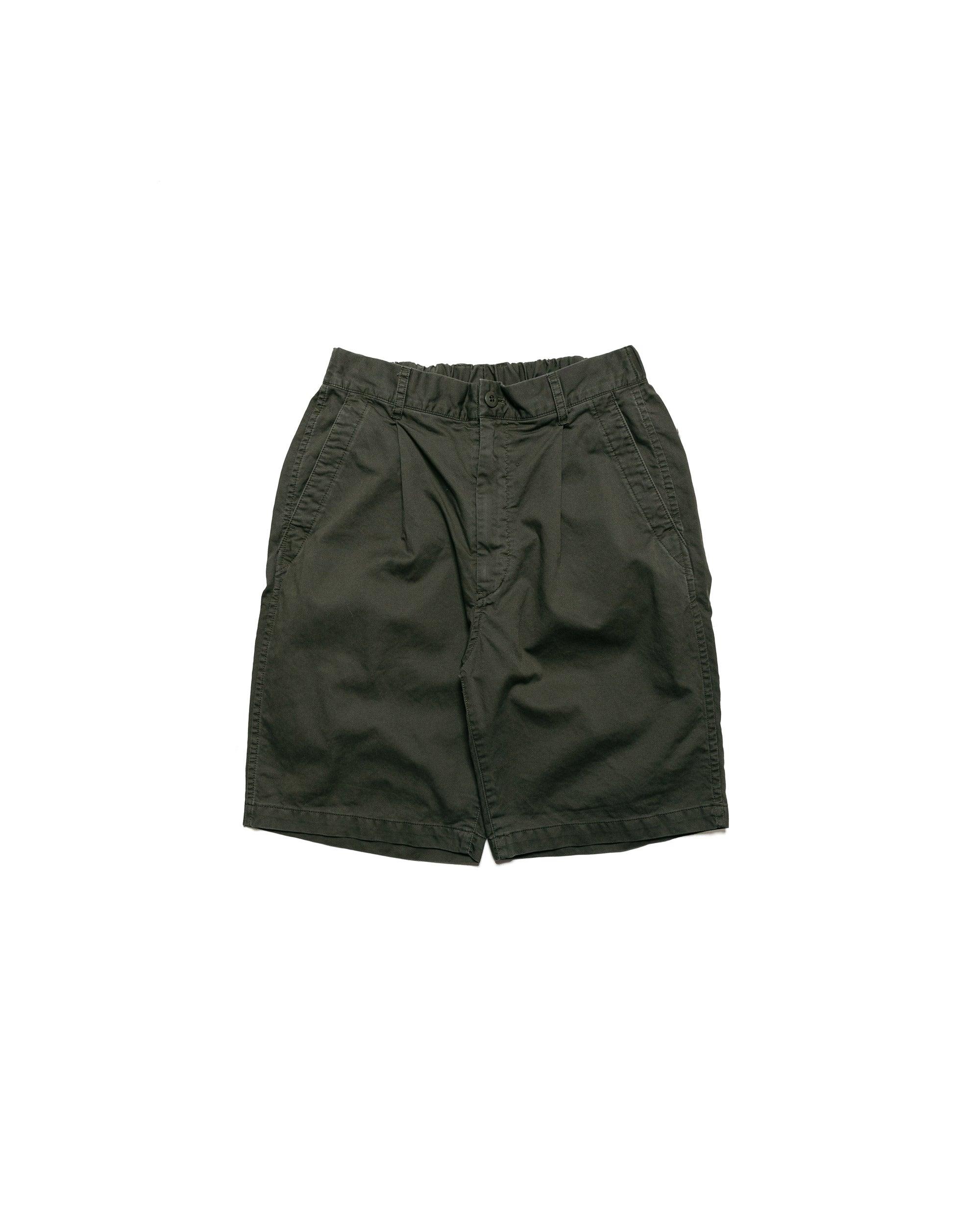Cotton Broken Twill Wide Pleated Shorts Olive