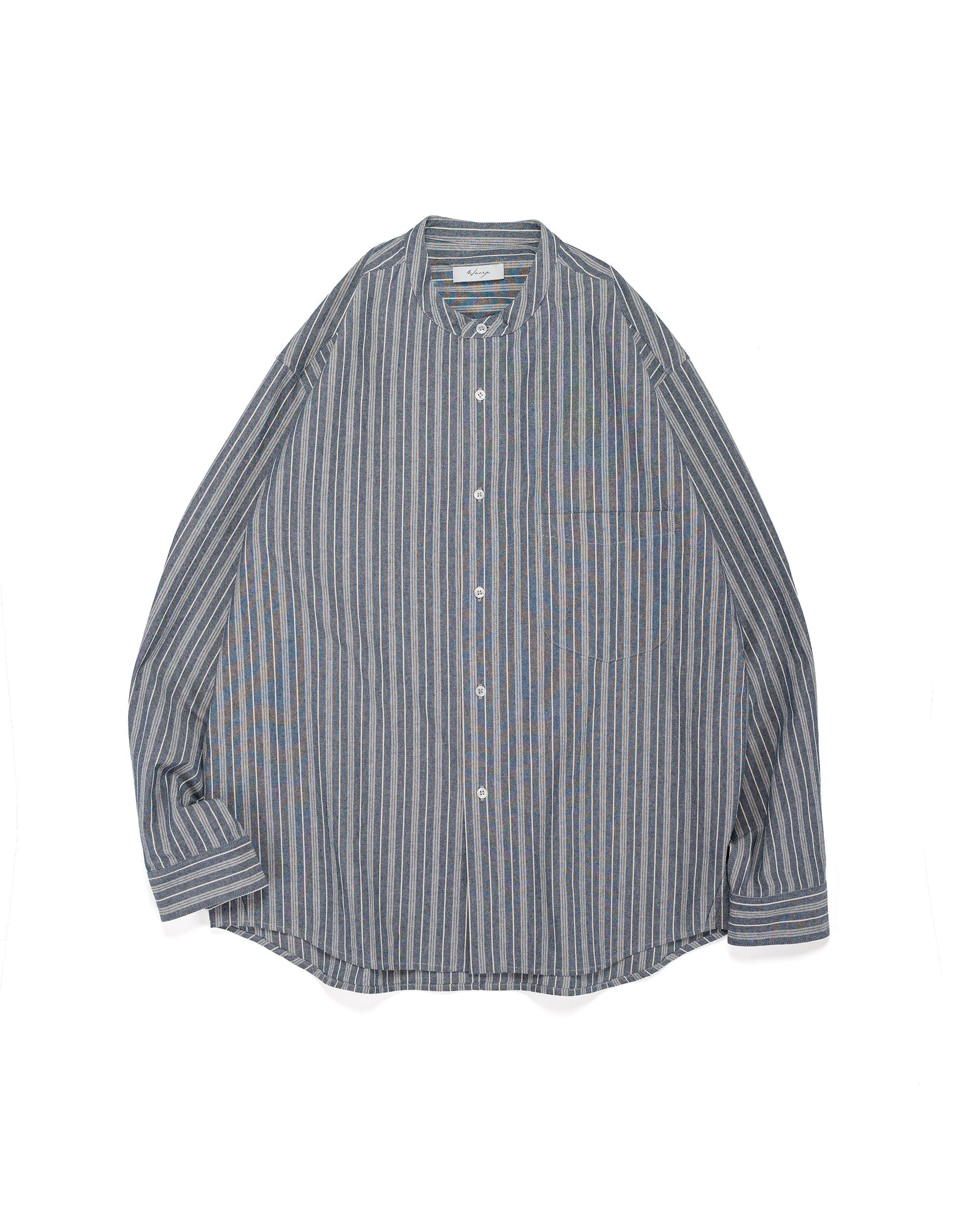 Band Collar Shirt Cotton Stripe Indigo
