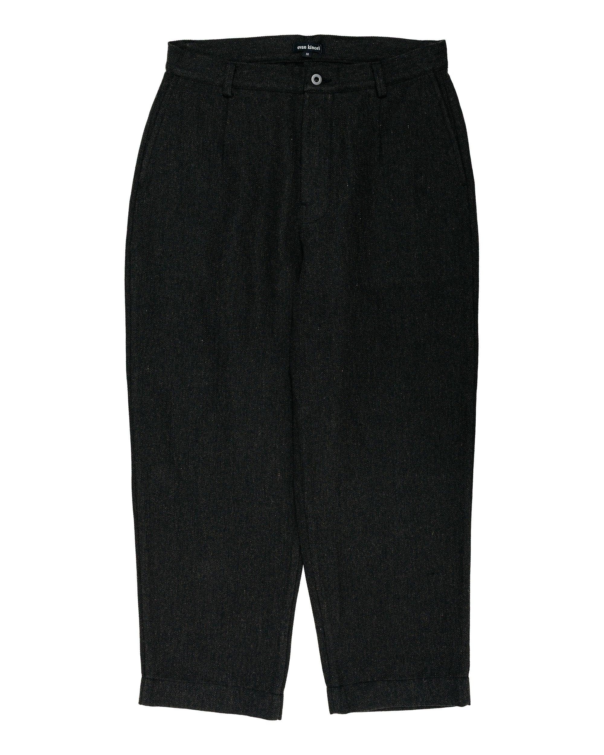 Single Pleat Pant Wool Linen Herringbone Black/Brown