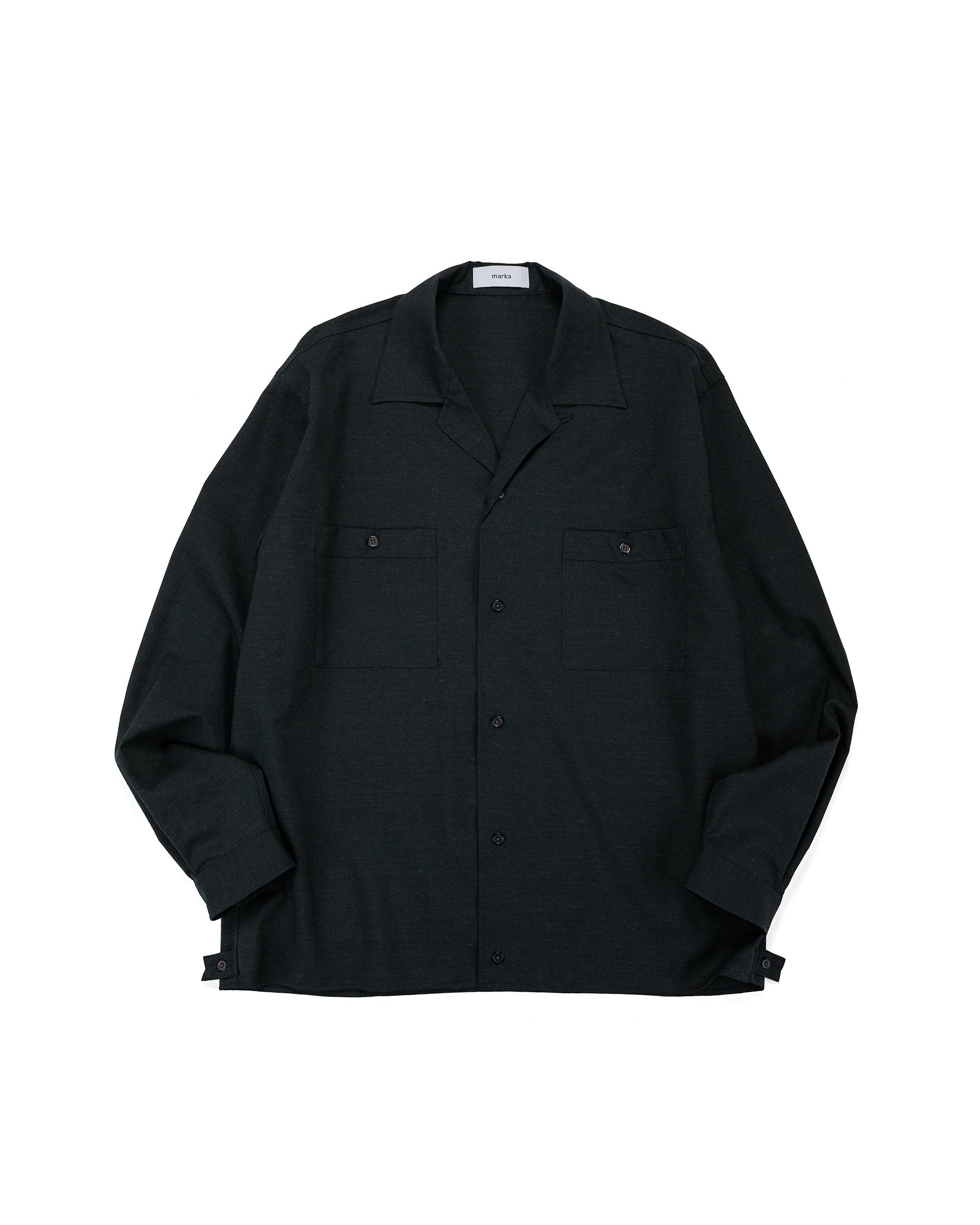 marka Double Pocket Open Collar Shirt 2/72 Wool Tropical Washer Chambray Black