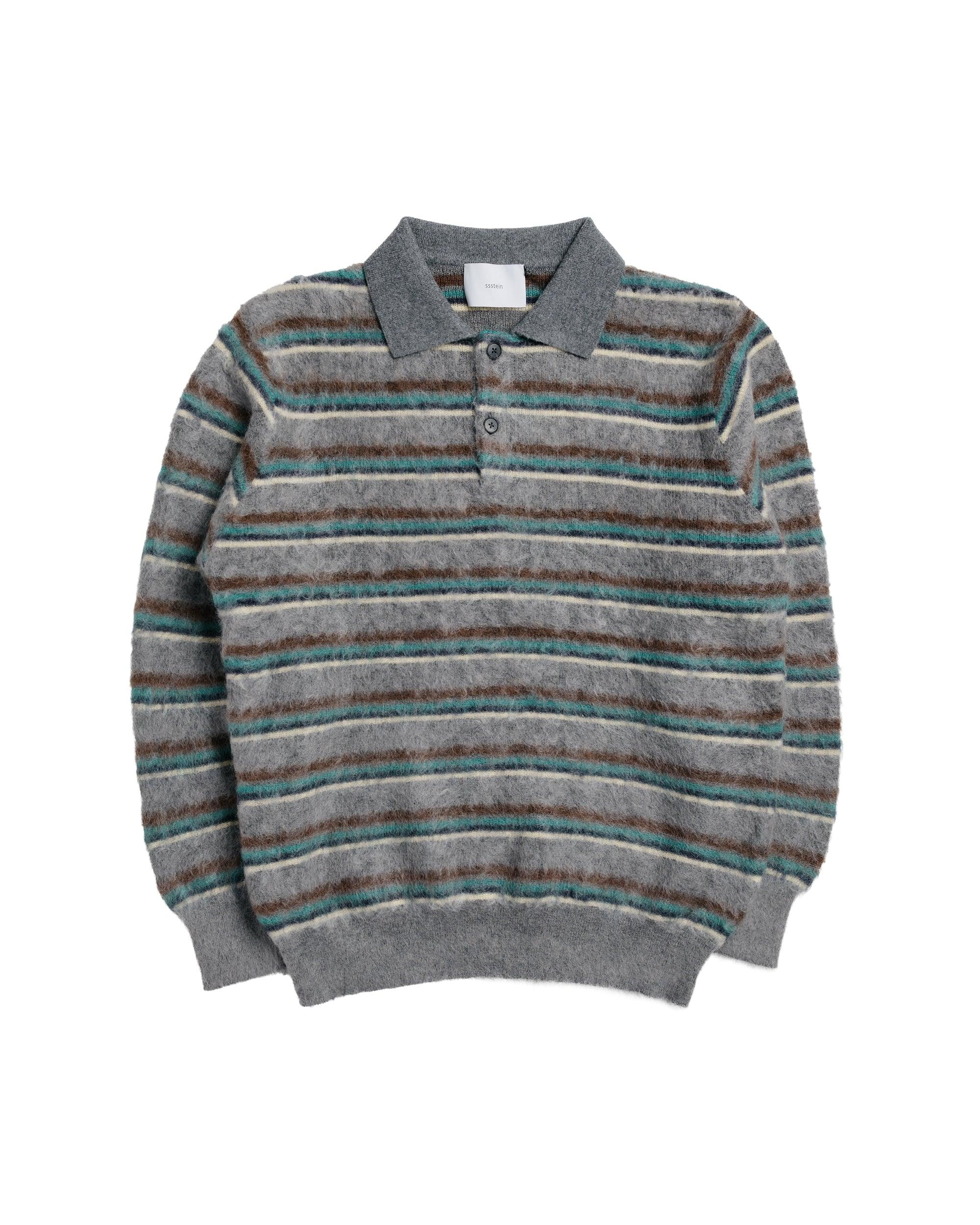 Kid Mohair Ribbed Knit Polo LS Grey Multi
