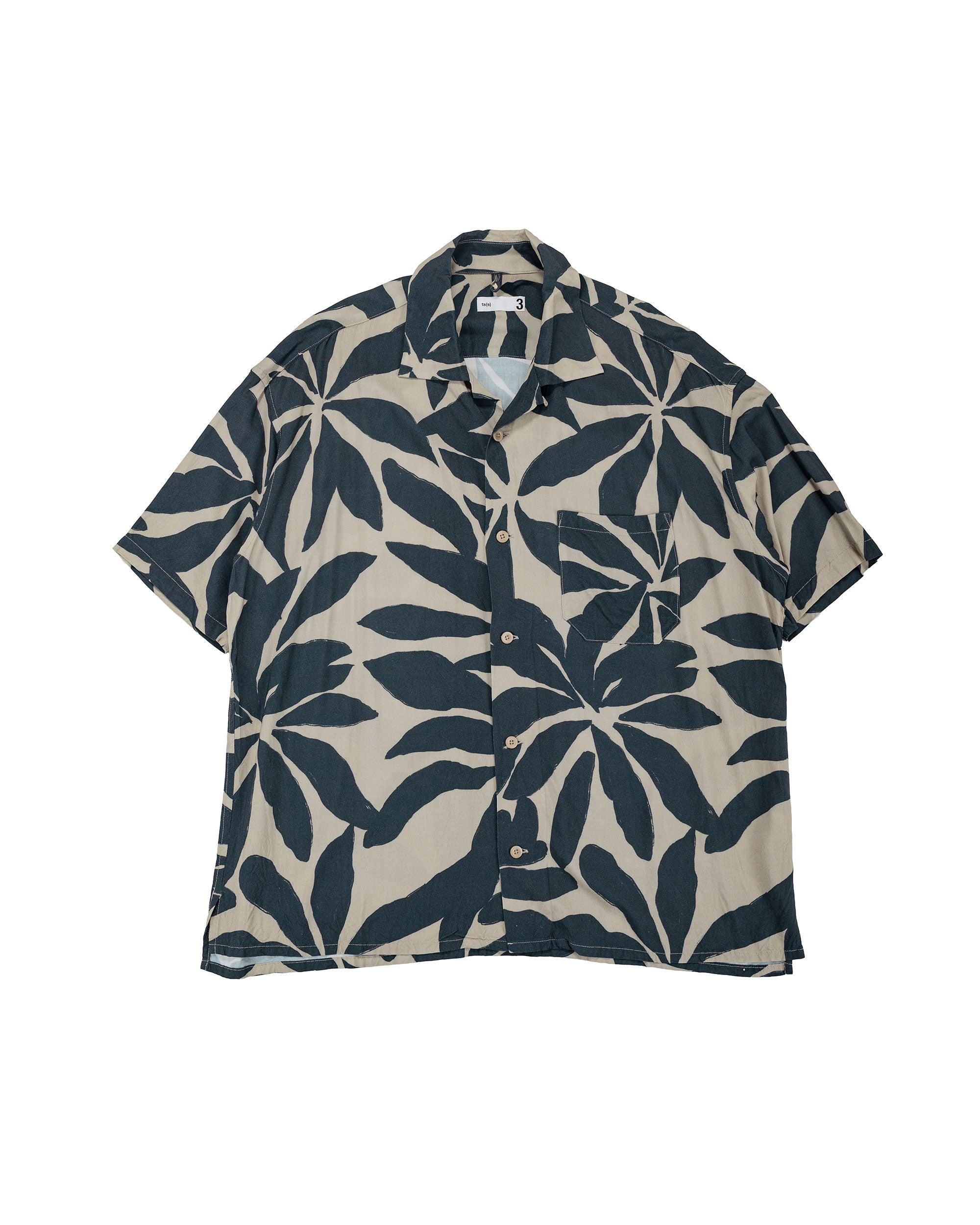Open Collar Short Sleeve Shirt Leaf Print Viscose Cloth Navy