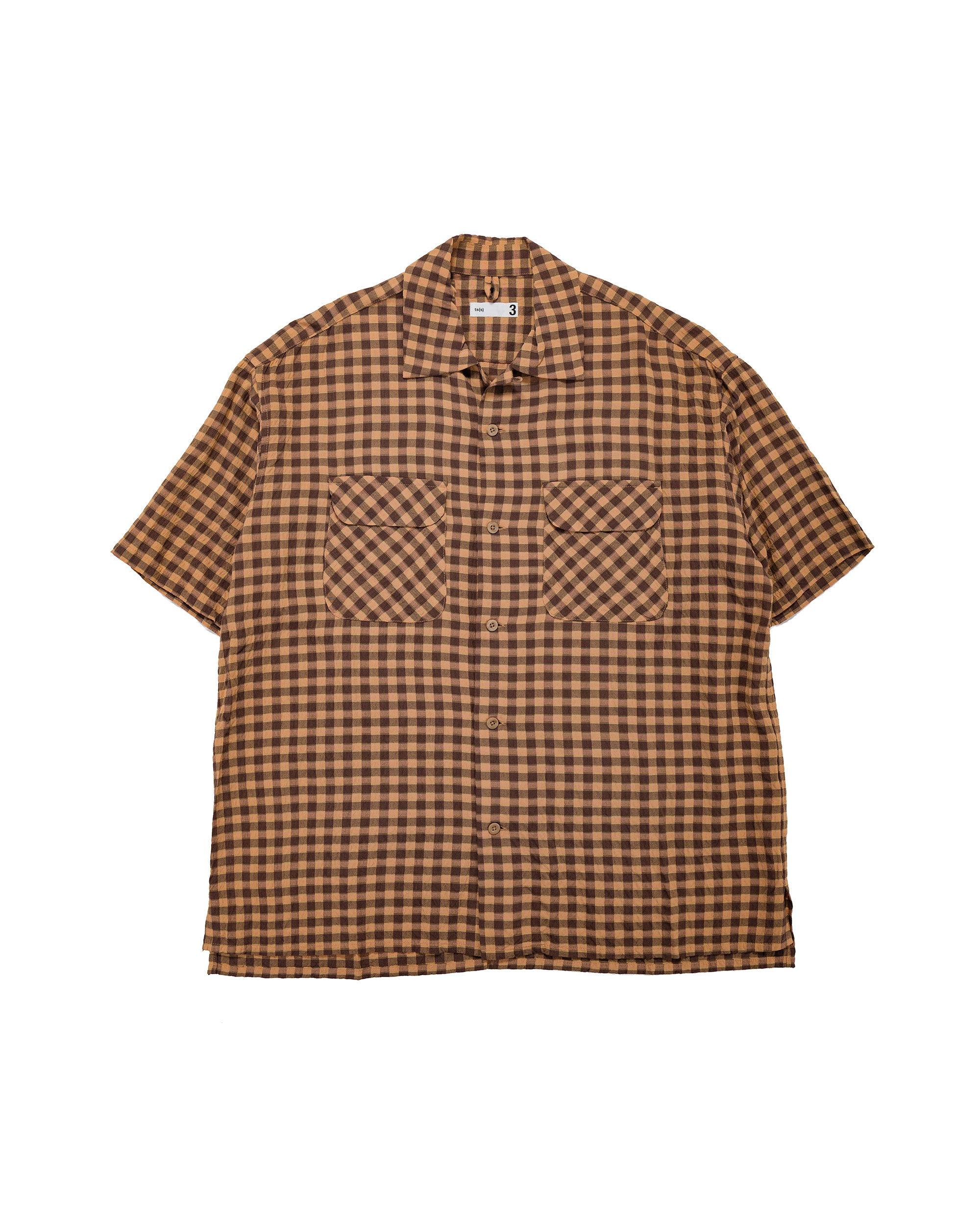 Round Flap Pocket Short Sleeve Shirt Gingham Plaid Viscose/Nylon Crinkle Cloth Brown