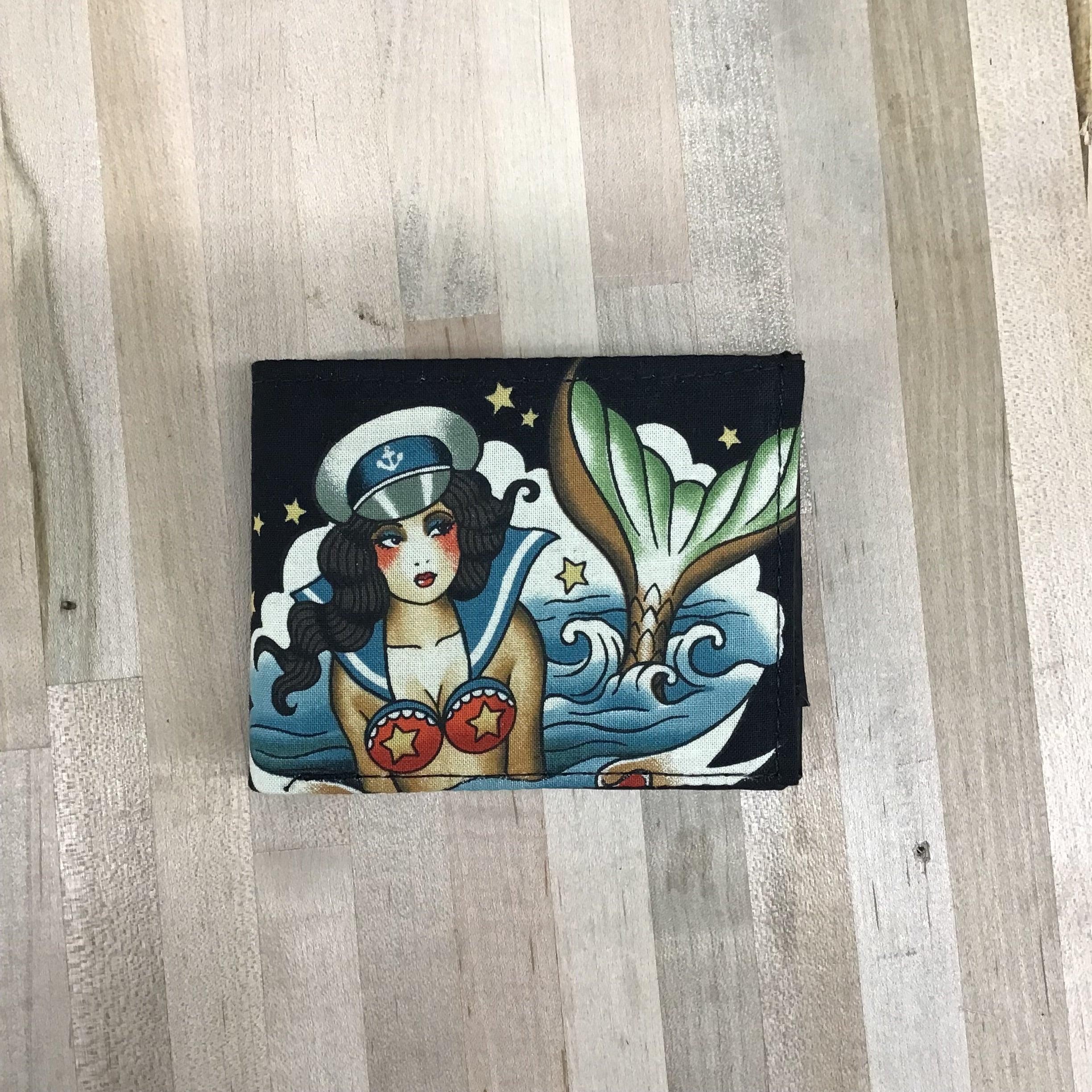 Small Wallet - Black/American Traditional (Sailor-Mermaid Pinup)