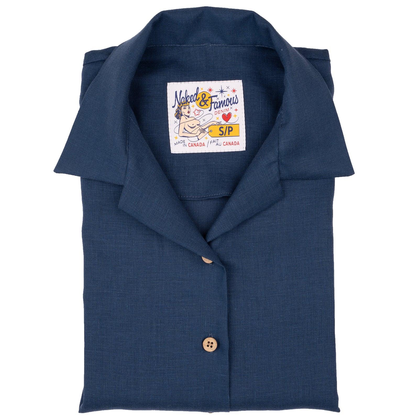 French Linen Fine Canvas - Blue (Women's Camp Collar Shirt)