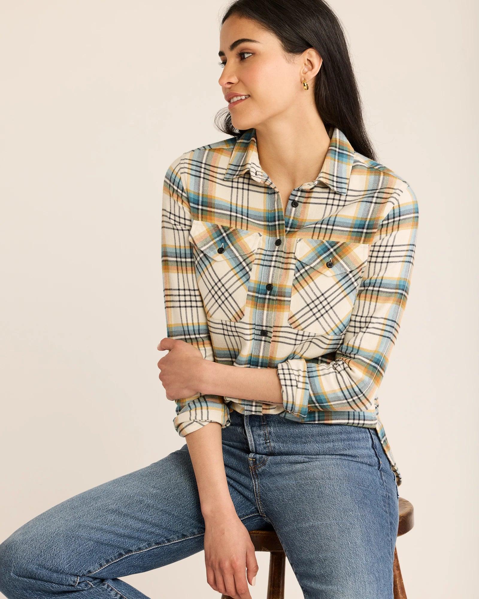 Women's Plaid Madison Double Brushed Flannel Shirt- Cream Multi Plaid