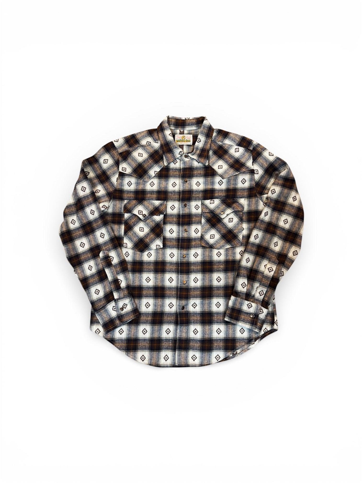 Japanese Western flannel with brown Trocus Pearl snap buttons