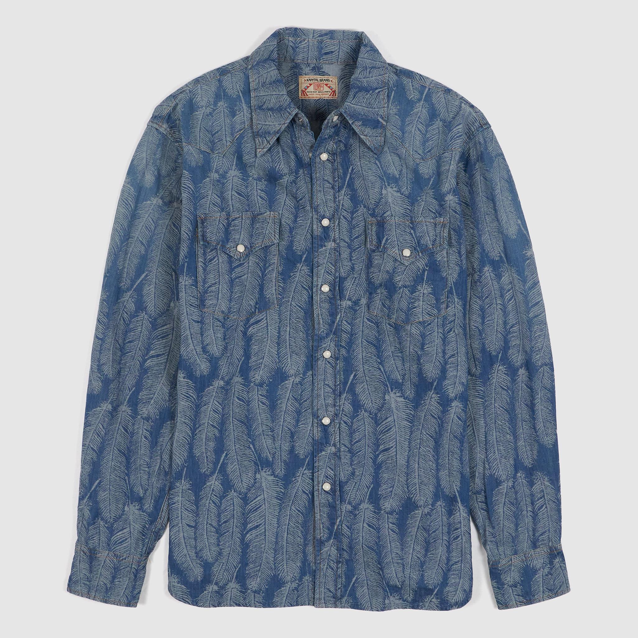 Ripped Back Jacquard Indigo Feathers Shirt