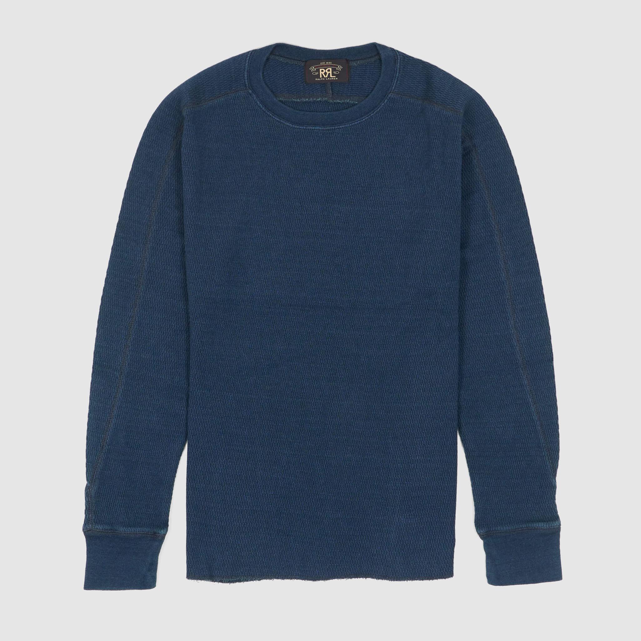 Long Sleeve Crew Neck Indigo Jacquard - Knit Waffle T-Shirt