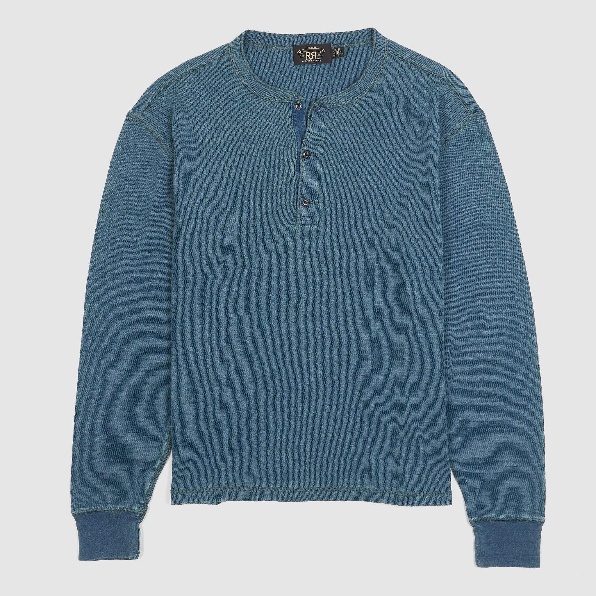 Long Sleeve Jacquard-Knit Indigo Dyed Henley Shirt