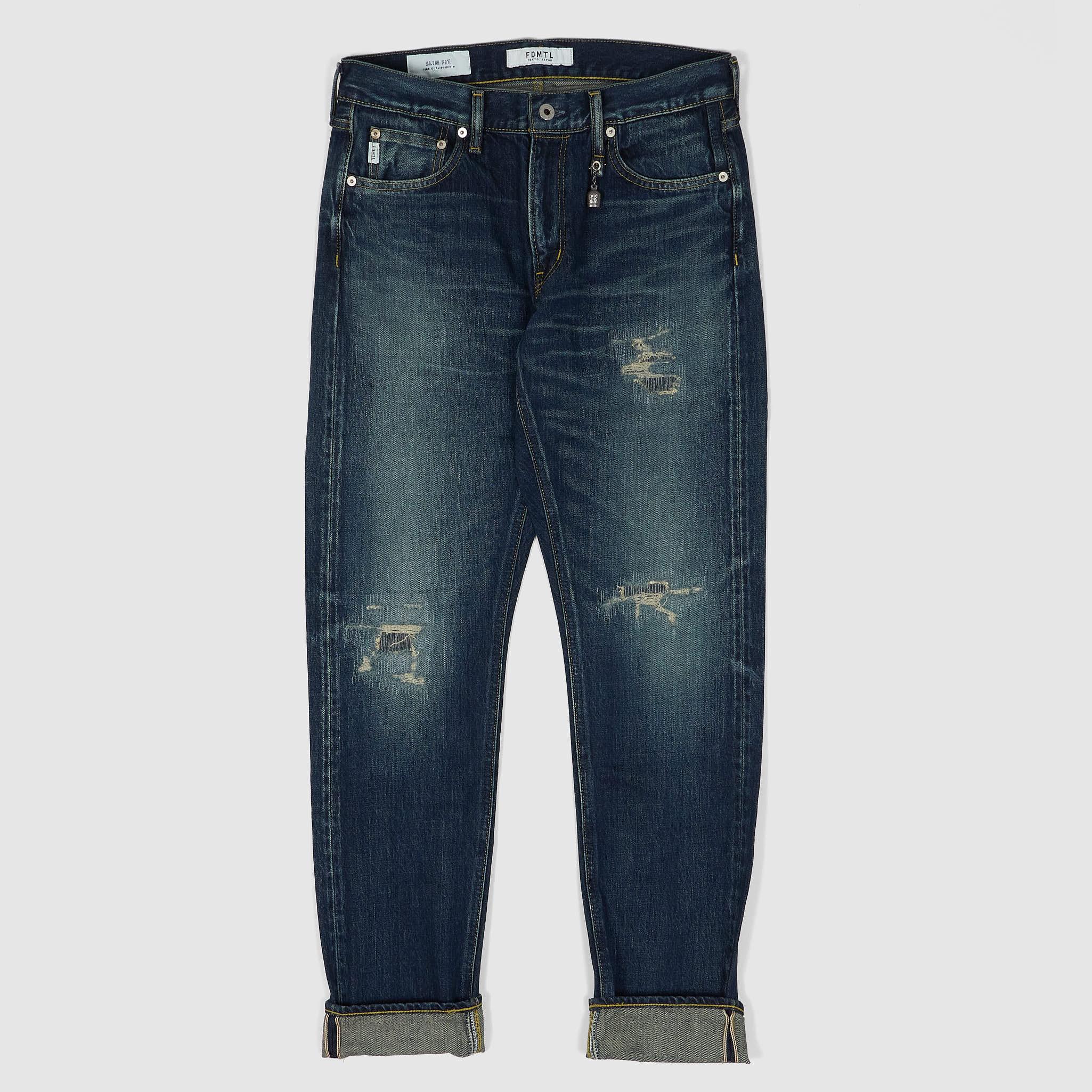 Slim Fitted Straight Denim Hard Vintage Washed 5 Pocket Selvage Jeans