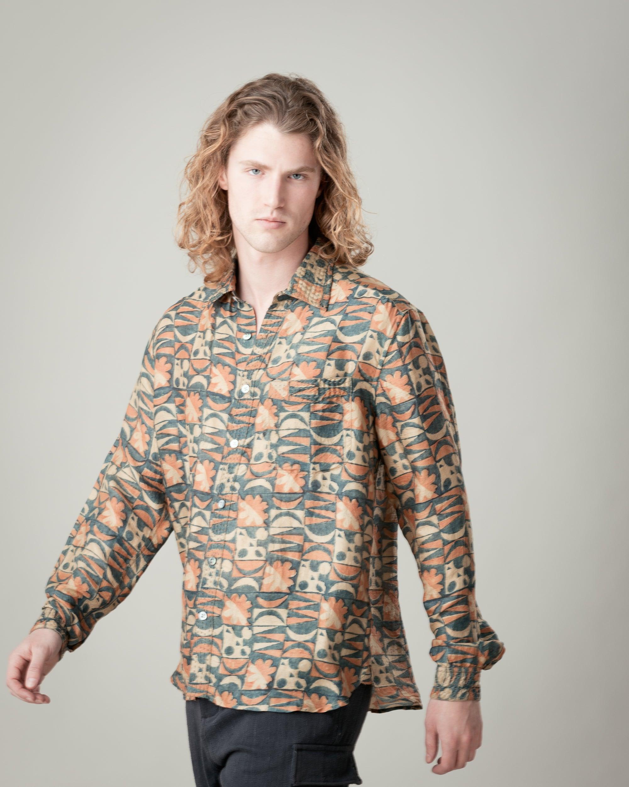 Neil Shirt - Floral Print on Silk in Indigo and Madder