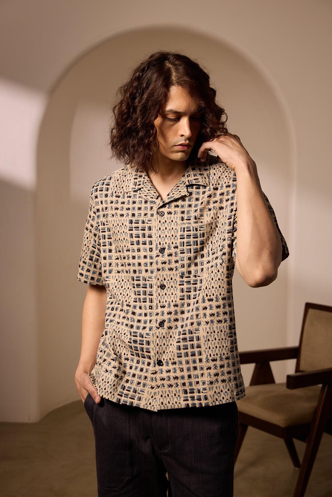 KHUSHI CAMP SHIRT - TILE BLOCK PRINT INDIGO