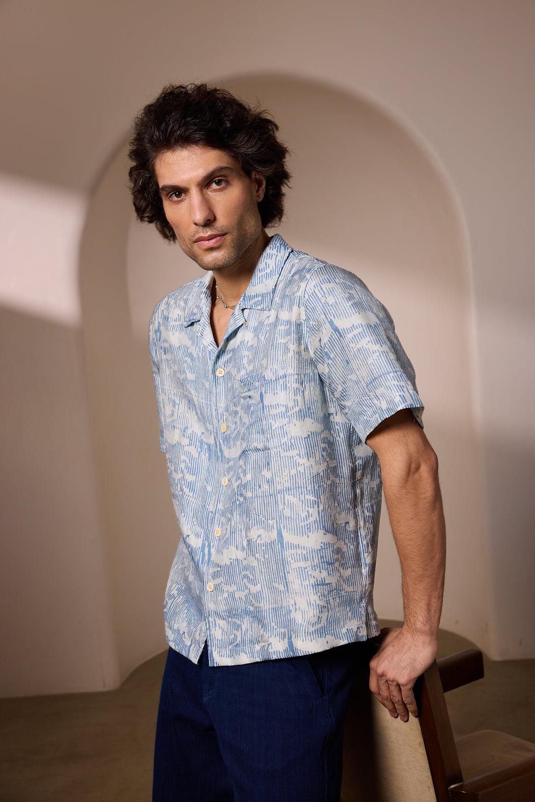 KHUSHI CAMP SHIRT - STRIPES IN SILK IN LT INDIGO