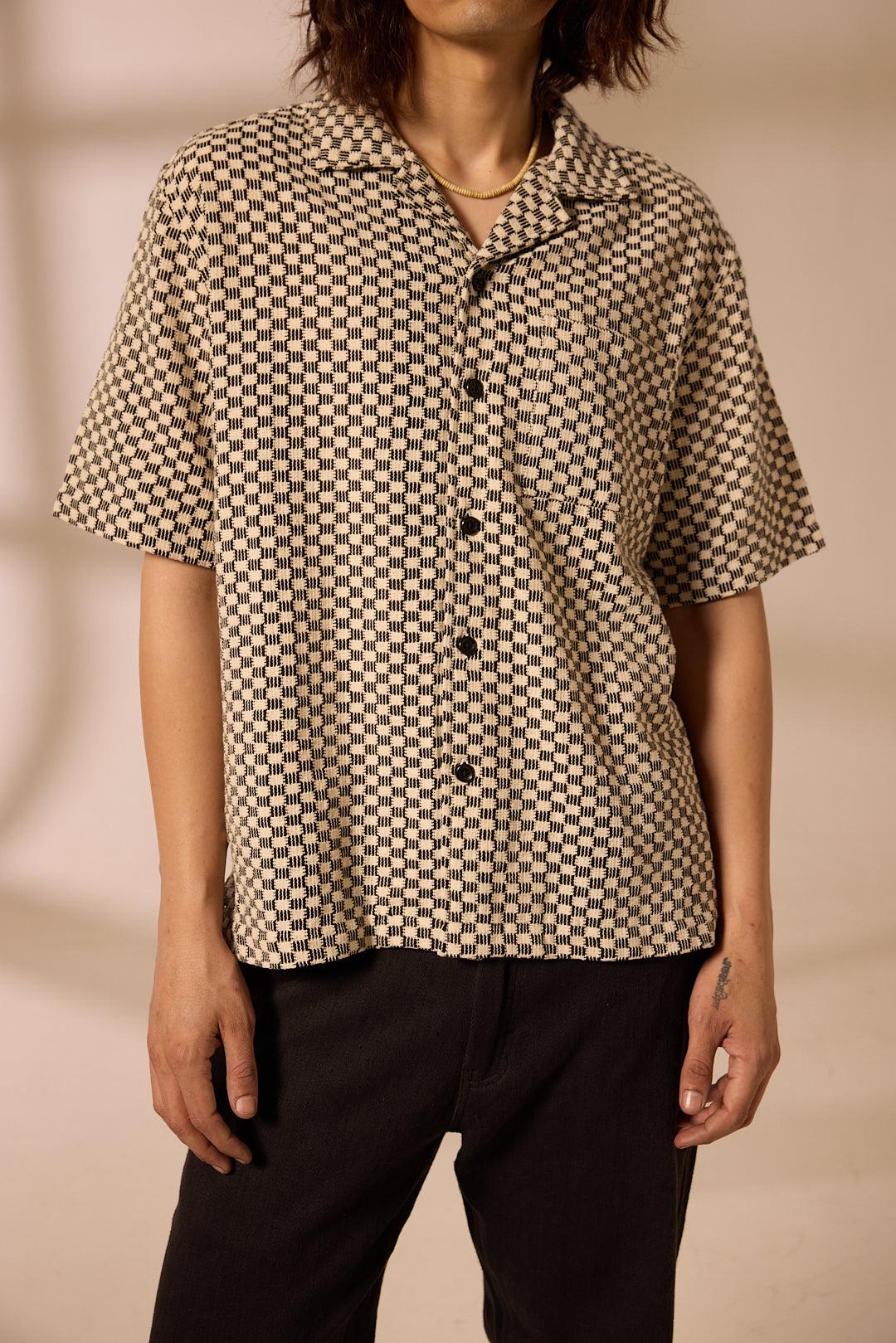 KHUSHI CAMP SHIRT - CROCHET BLACK & WHITE
