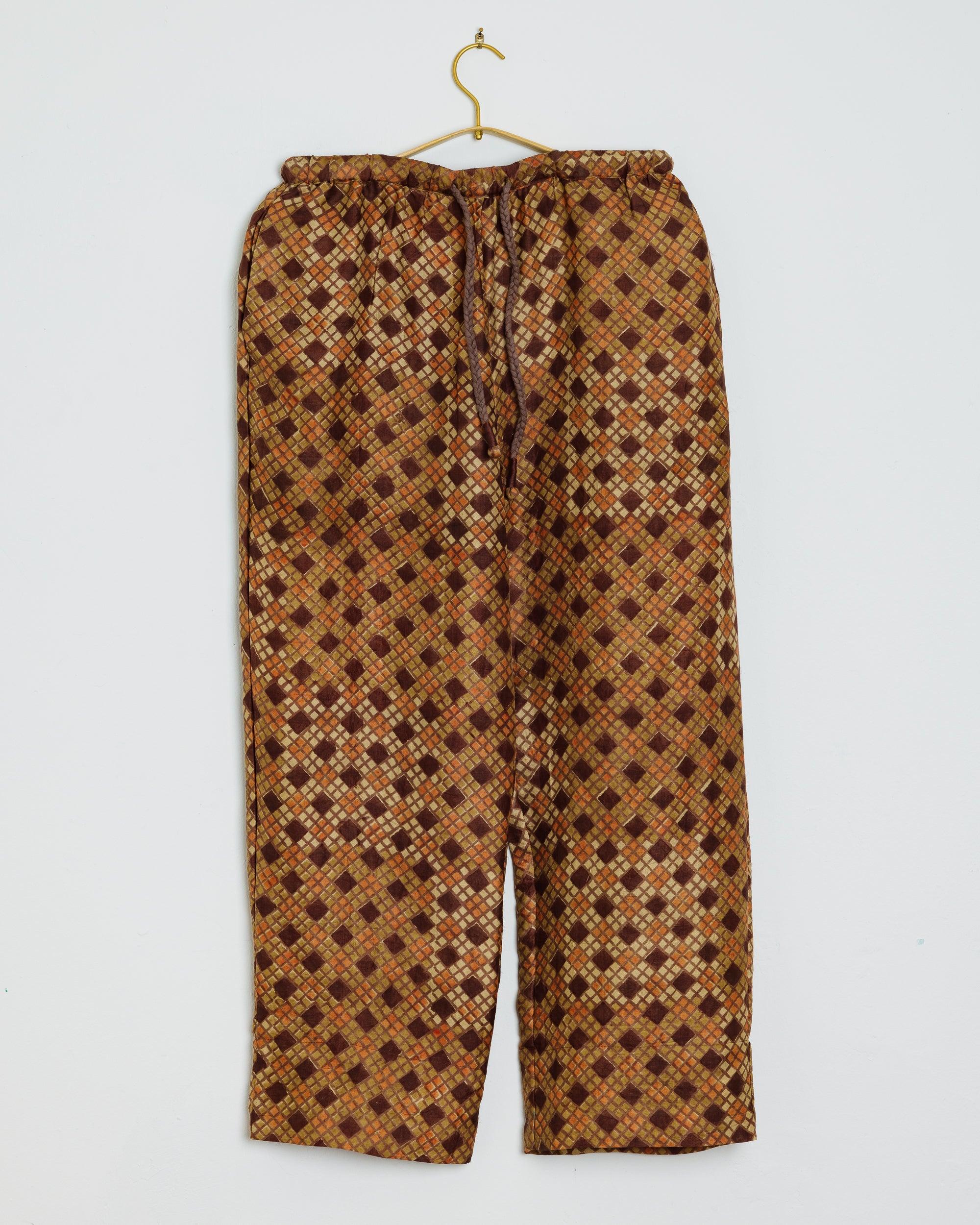 Umber and Ochre Garima Pants - Geometric Tile Print on Silk in Brown