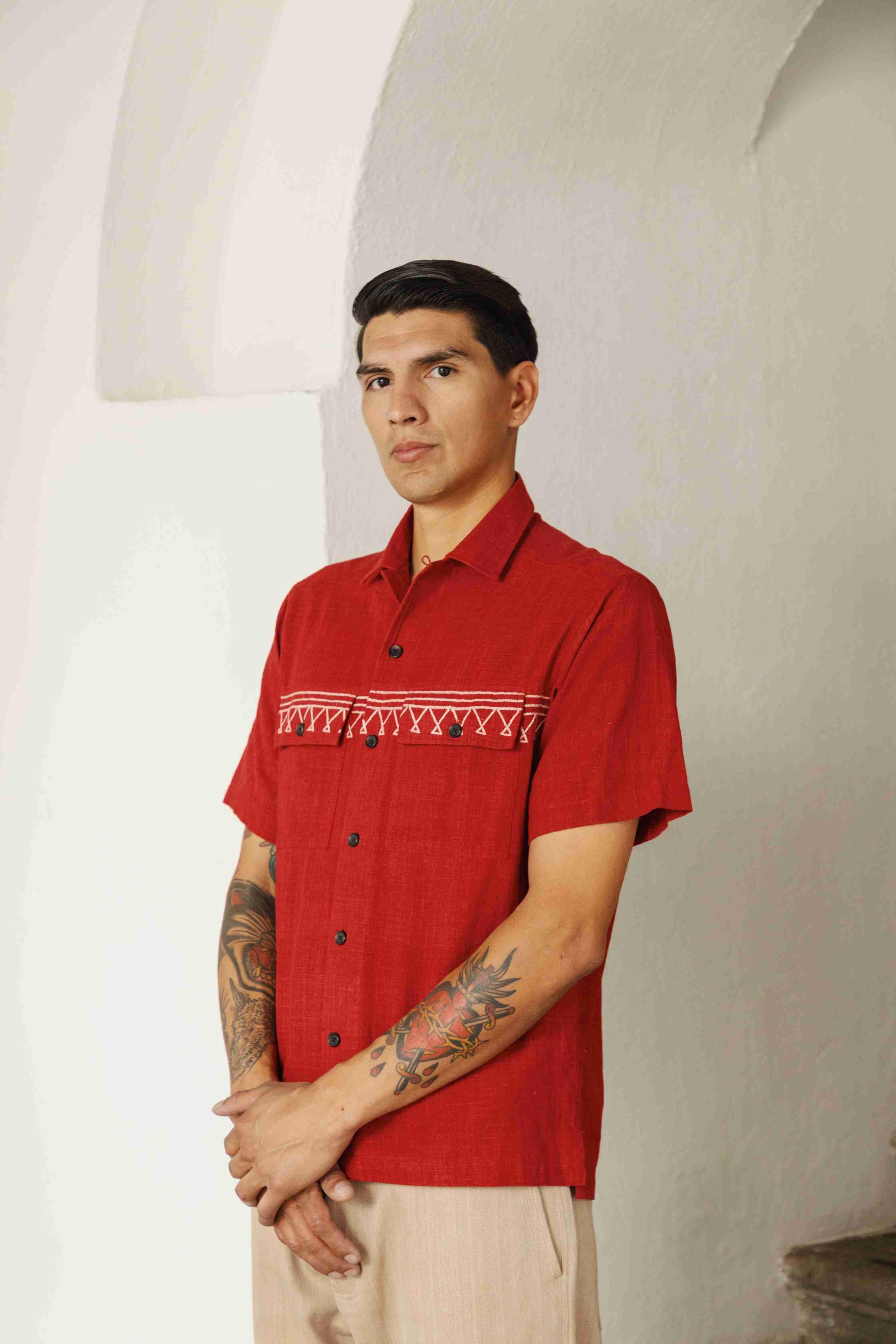 Harshil 2 Pocket Shirt in Border Stripe Embroidered Madder Cotton