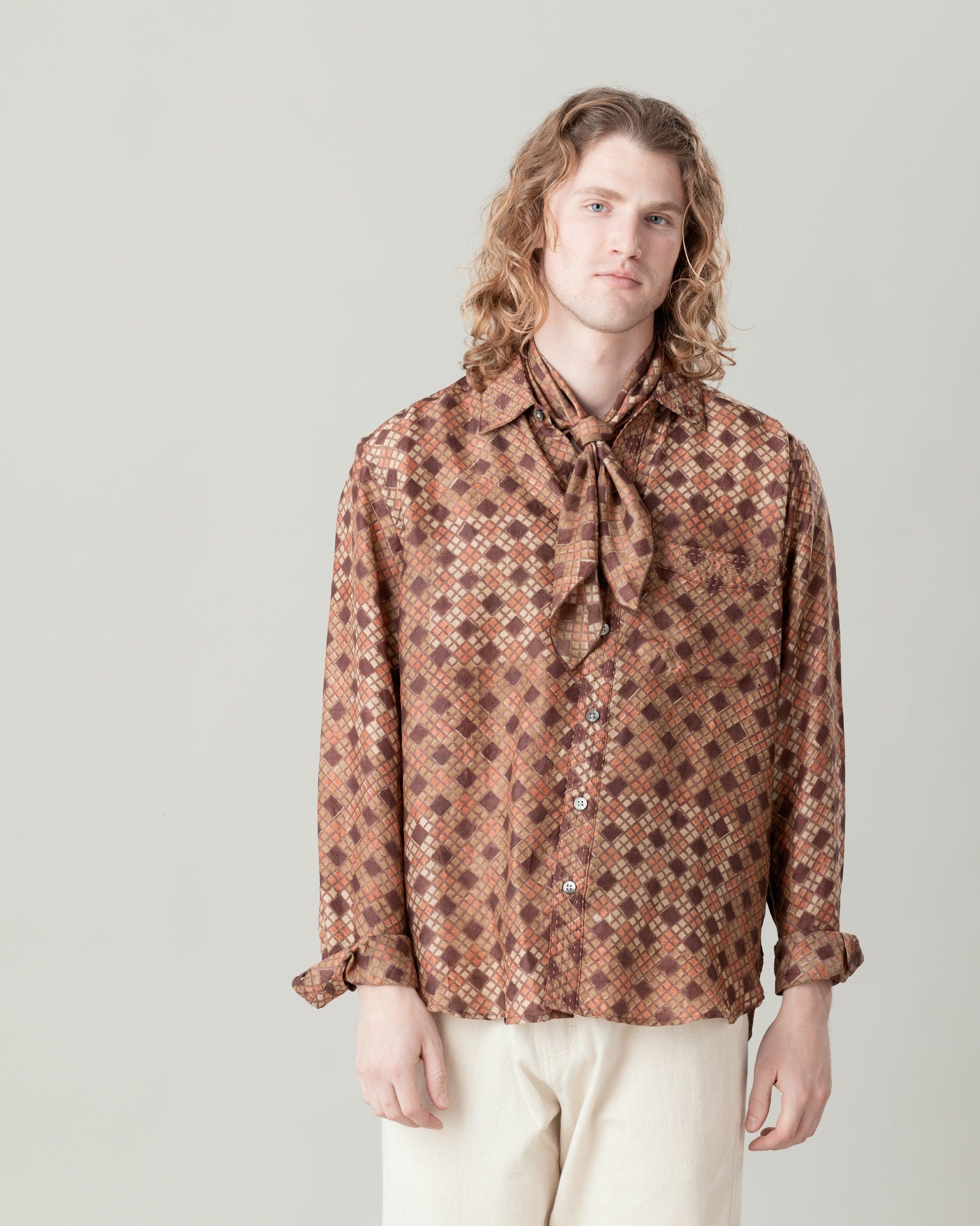 Neil Shirt - Geometric Print on Silk in Brown