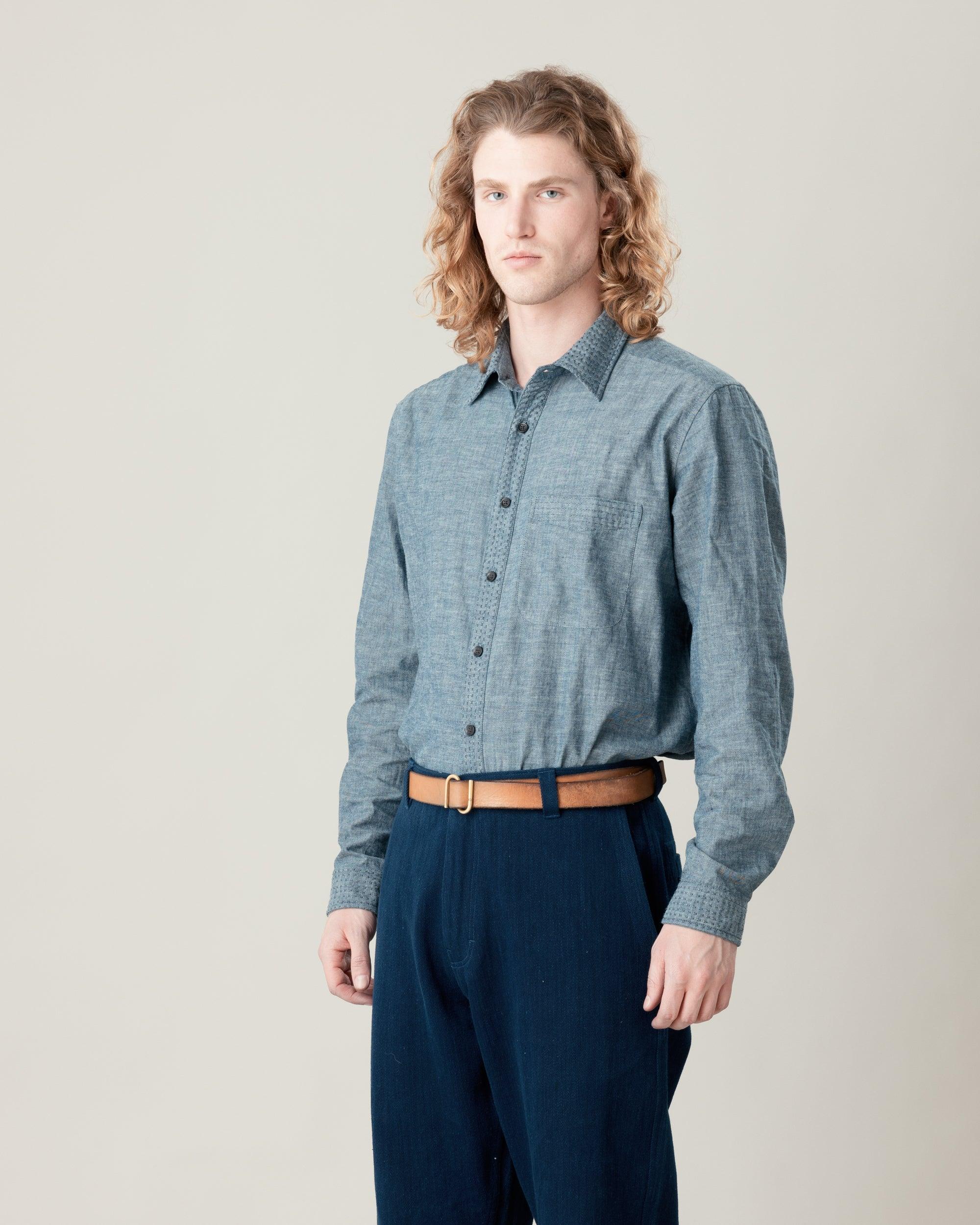 Neil Long Sleeves Shirt Cotton Kora in Indigo Chambray