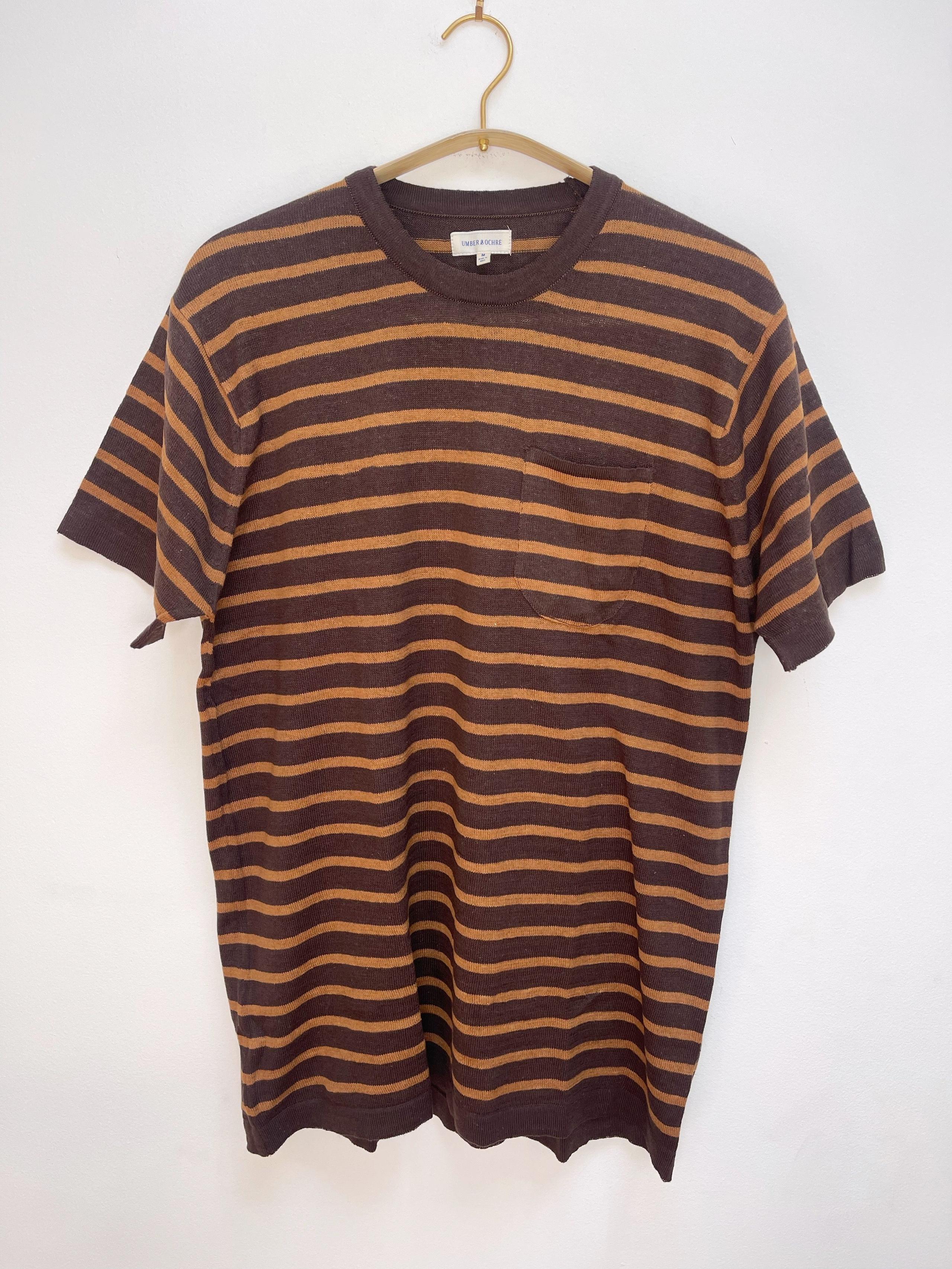 Azad S/S Pocket Flat Knitted Tee in Camel Stripe