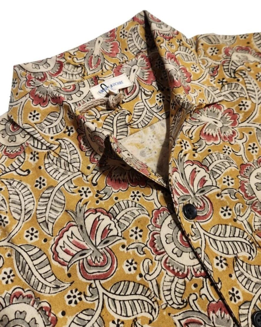 Khushi Camp Shirt in Kalamkari Floral Yellow Print Sage