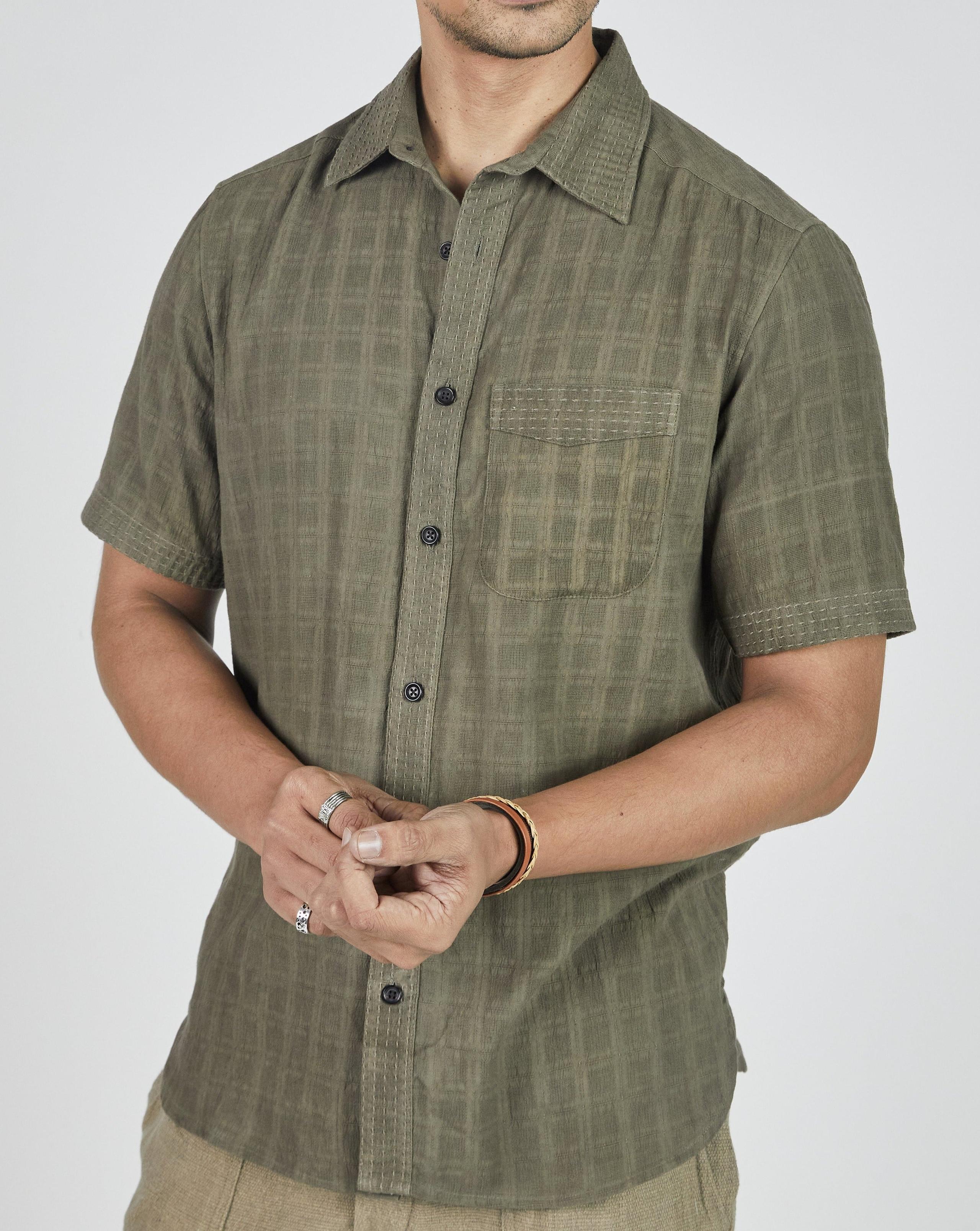 S/S Kabir Standard Shirt w/Saddle Stitch in Mockleno Hatch Check Sage