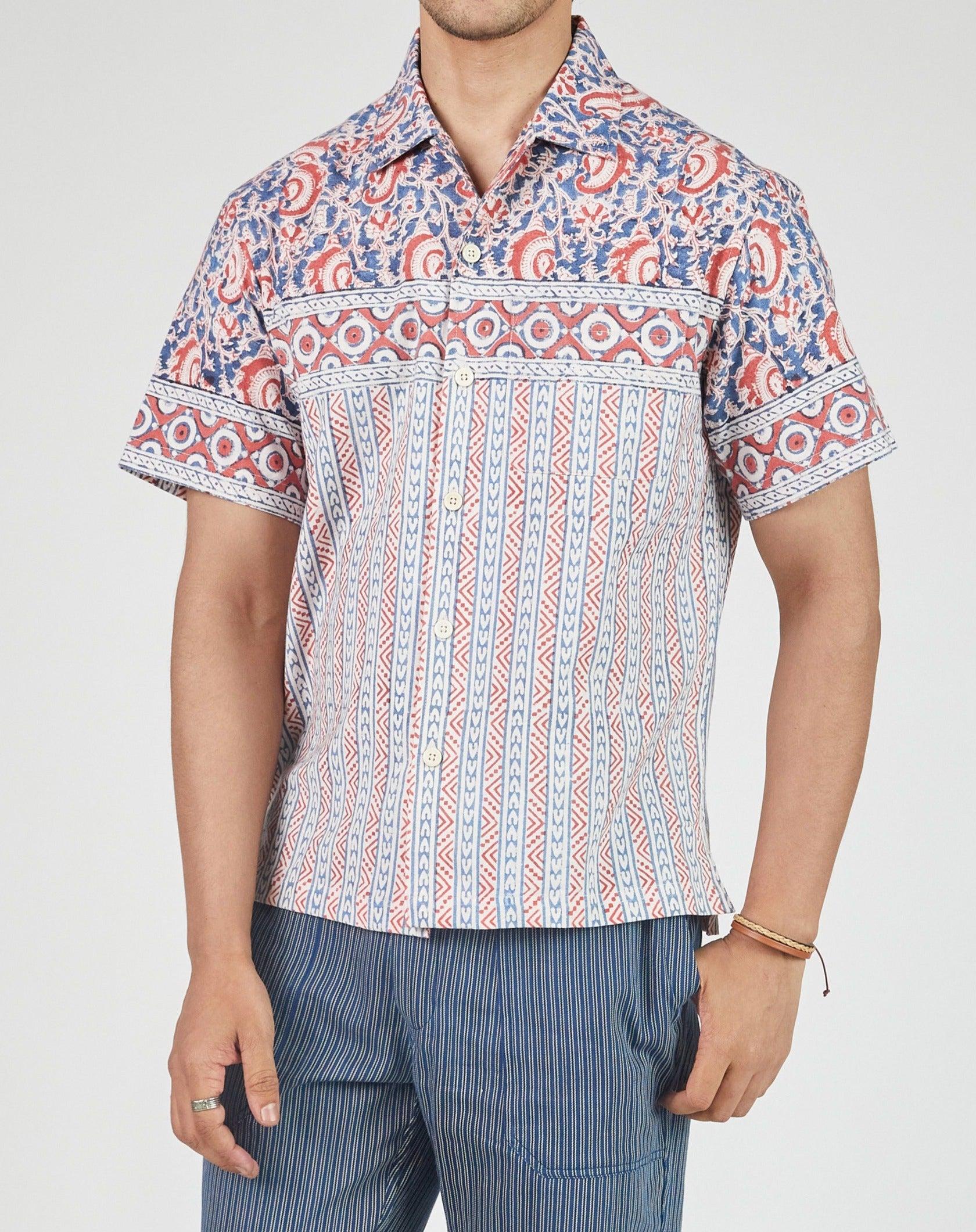 Khushi Camp Shirt in Paisley Stripe Border Print Indigo