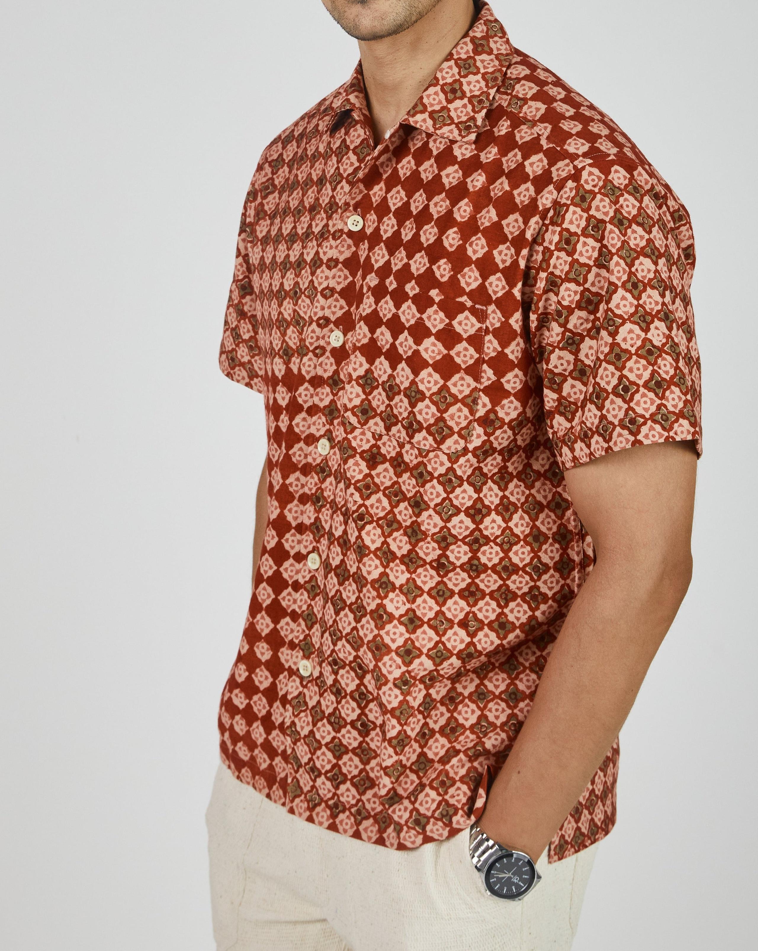 Khushi Camp Shirt in Engineering Tile Print Madder