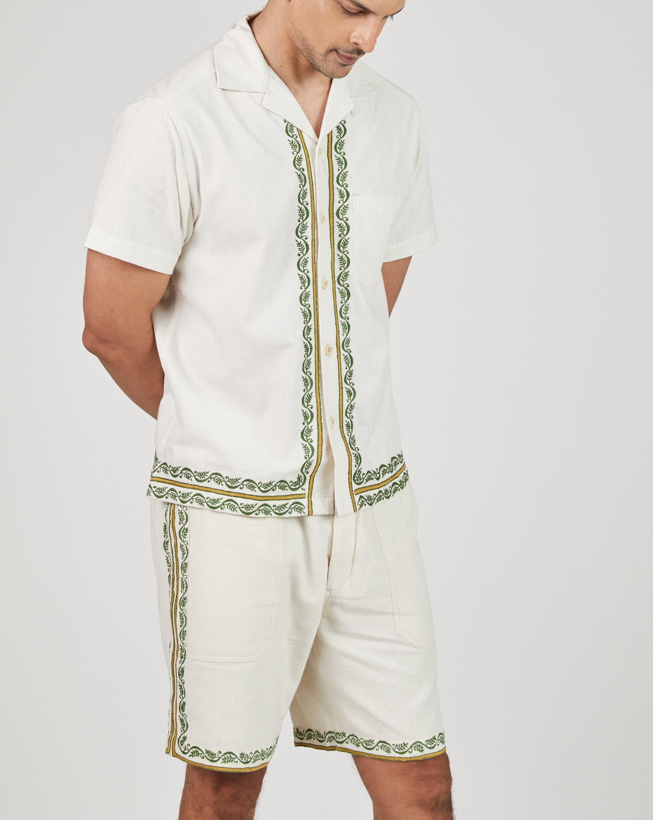 Khushi Camp Shirt in Chikankari Embroidery Natural