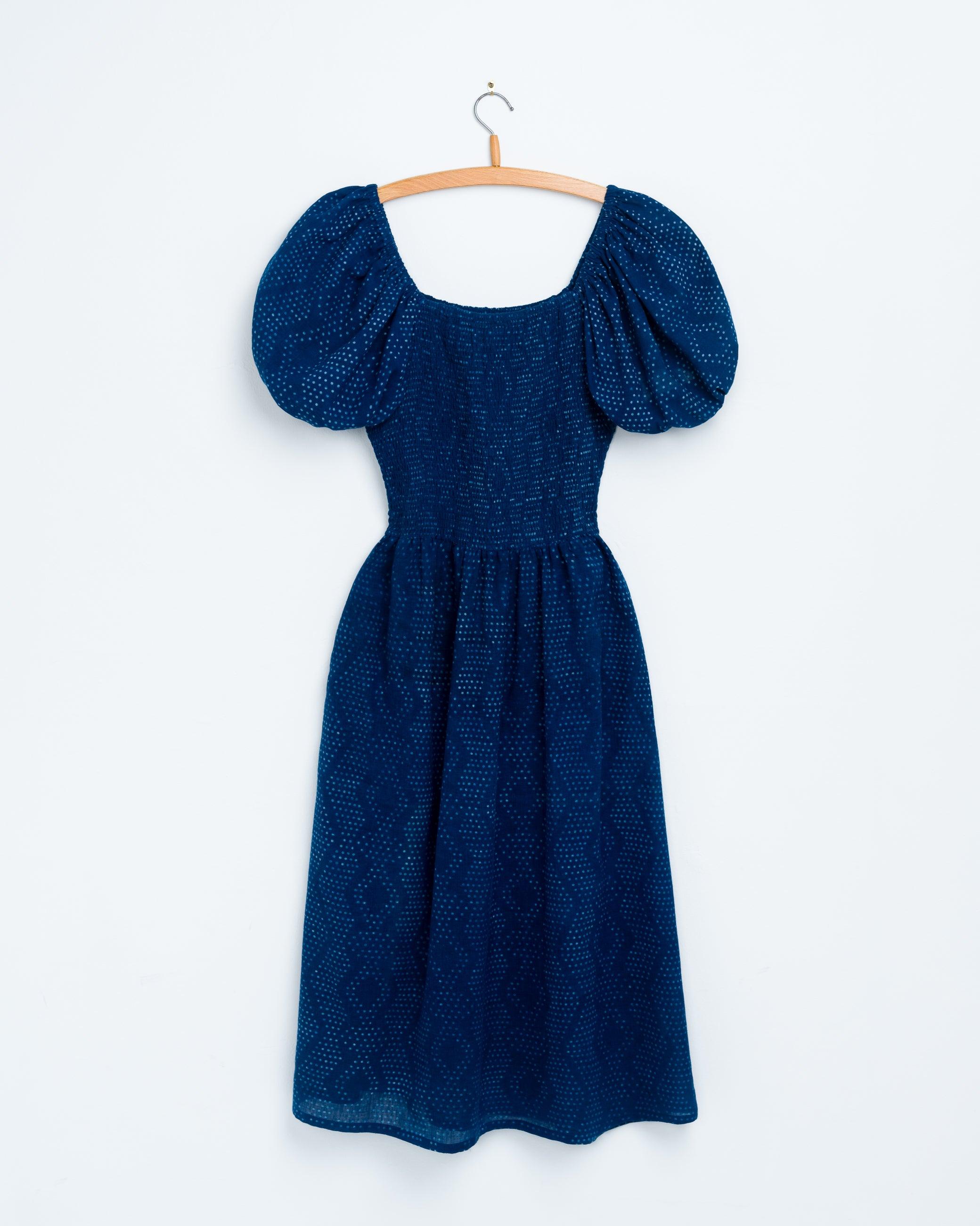 Anika Dress in Dot Block Print Indigo