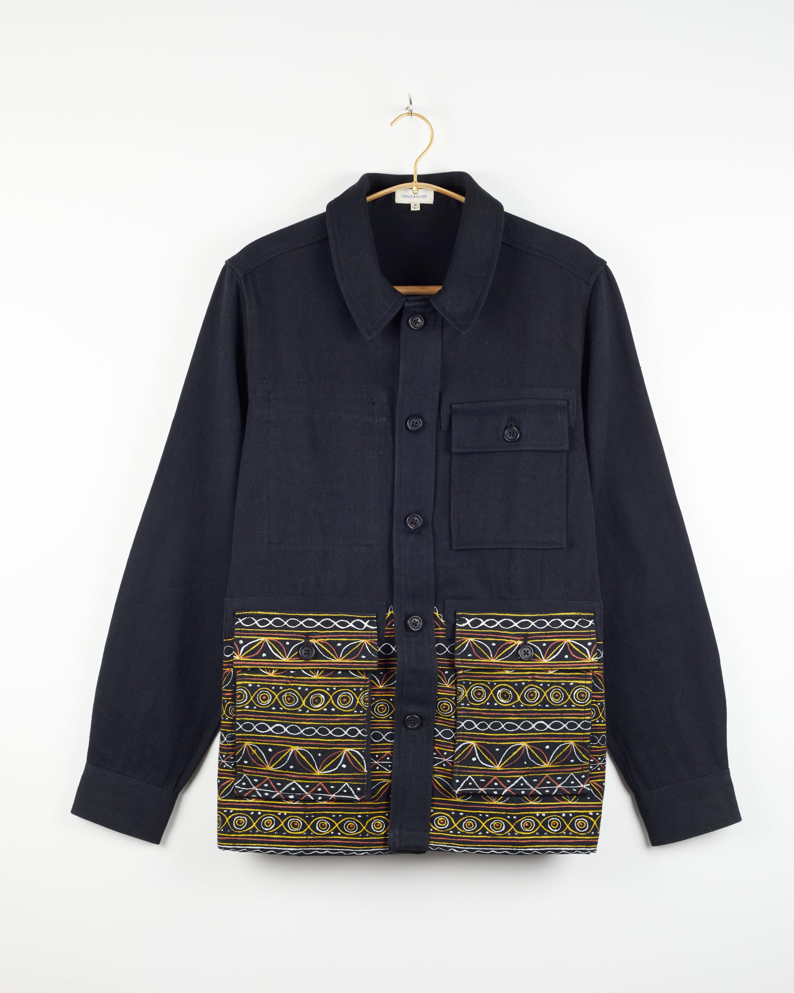 Akash Chore Coat in Rogan Border Black Twill