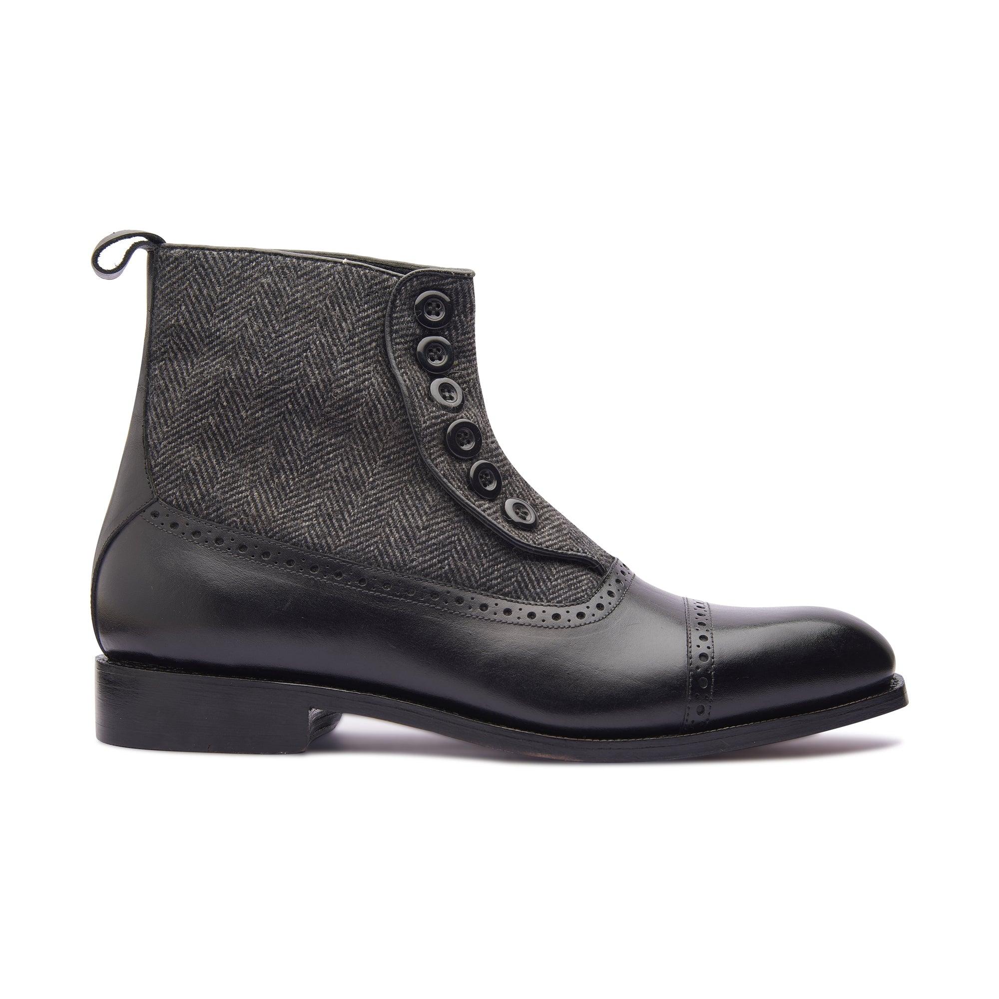 Victor, Button Boot -Black & Grey Textile | Hand Welted | Classics Collection