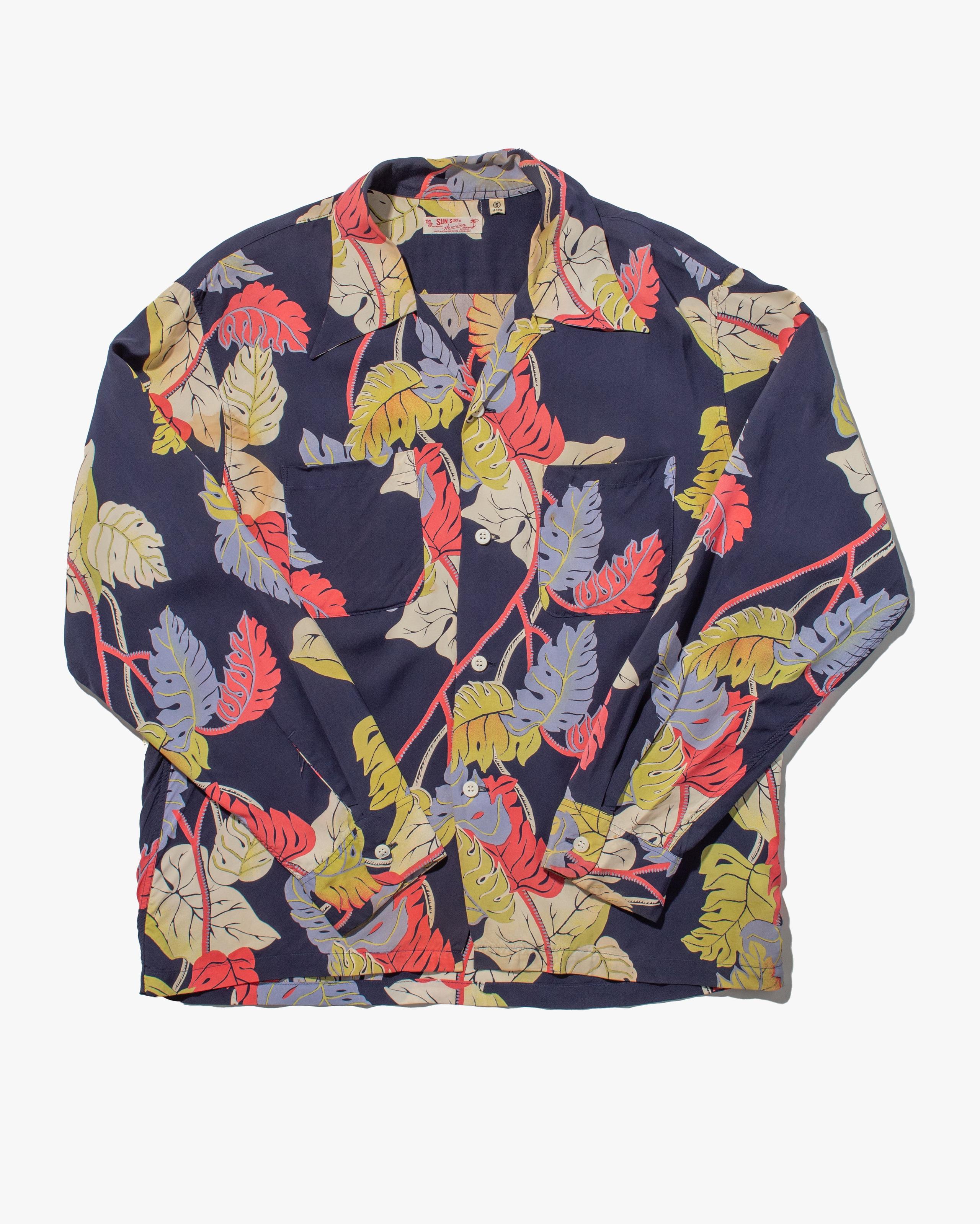 , Long Sleeve Aloha Shirt, Sun Surf Brand, Navy with Colorful Monstera Leaves