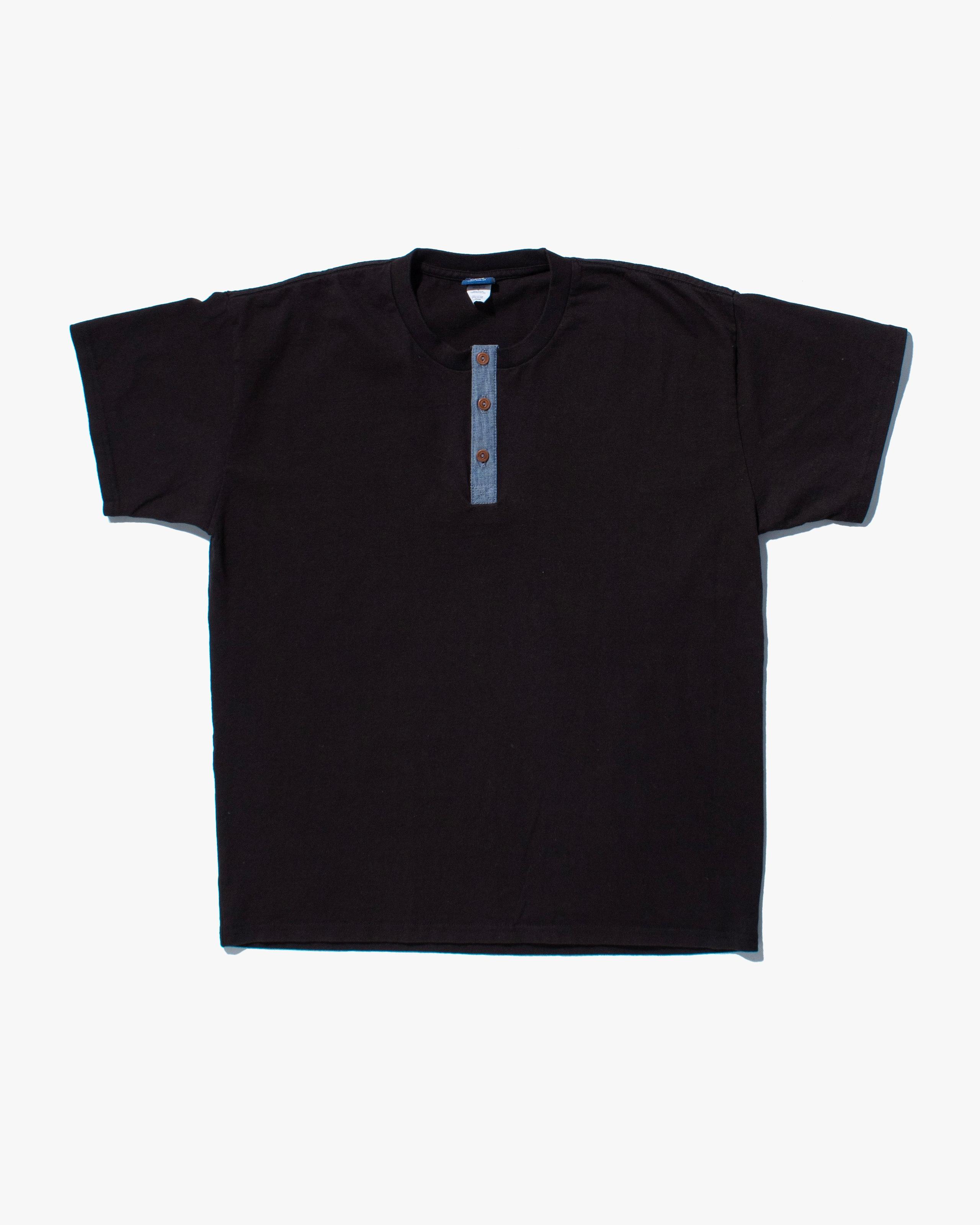 Kiriko Original Tee, 8oz Cotton, Henley Tee, Black with Chambray, Indigo Small Multi