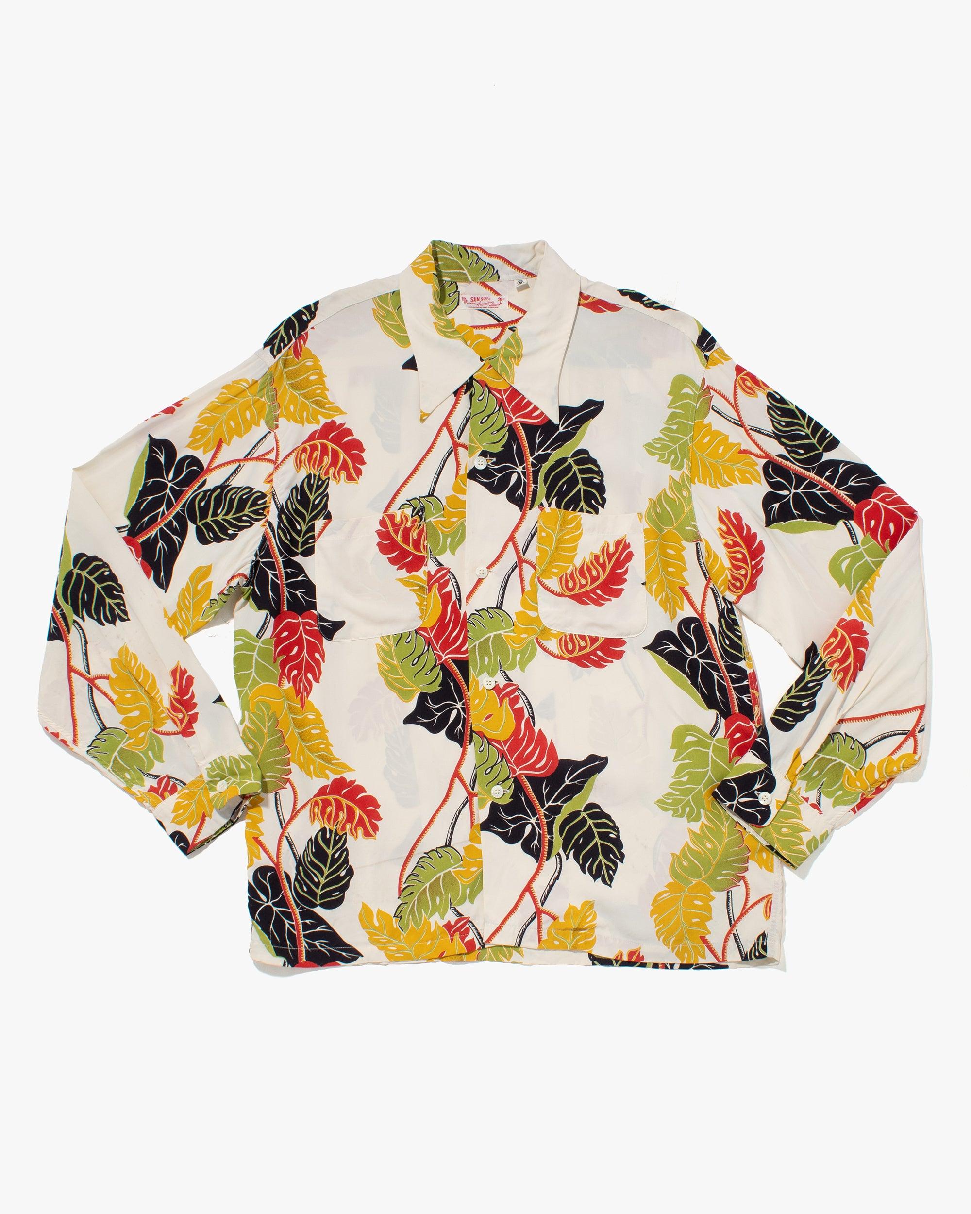 , Long Sleeve Aloha Shirt, Sun Surf, White with Plant Leaves - M